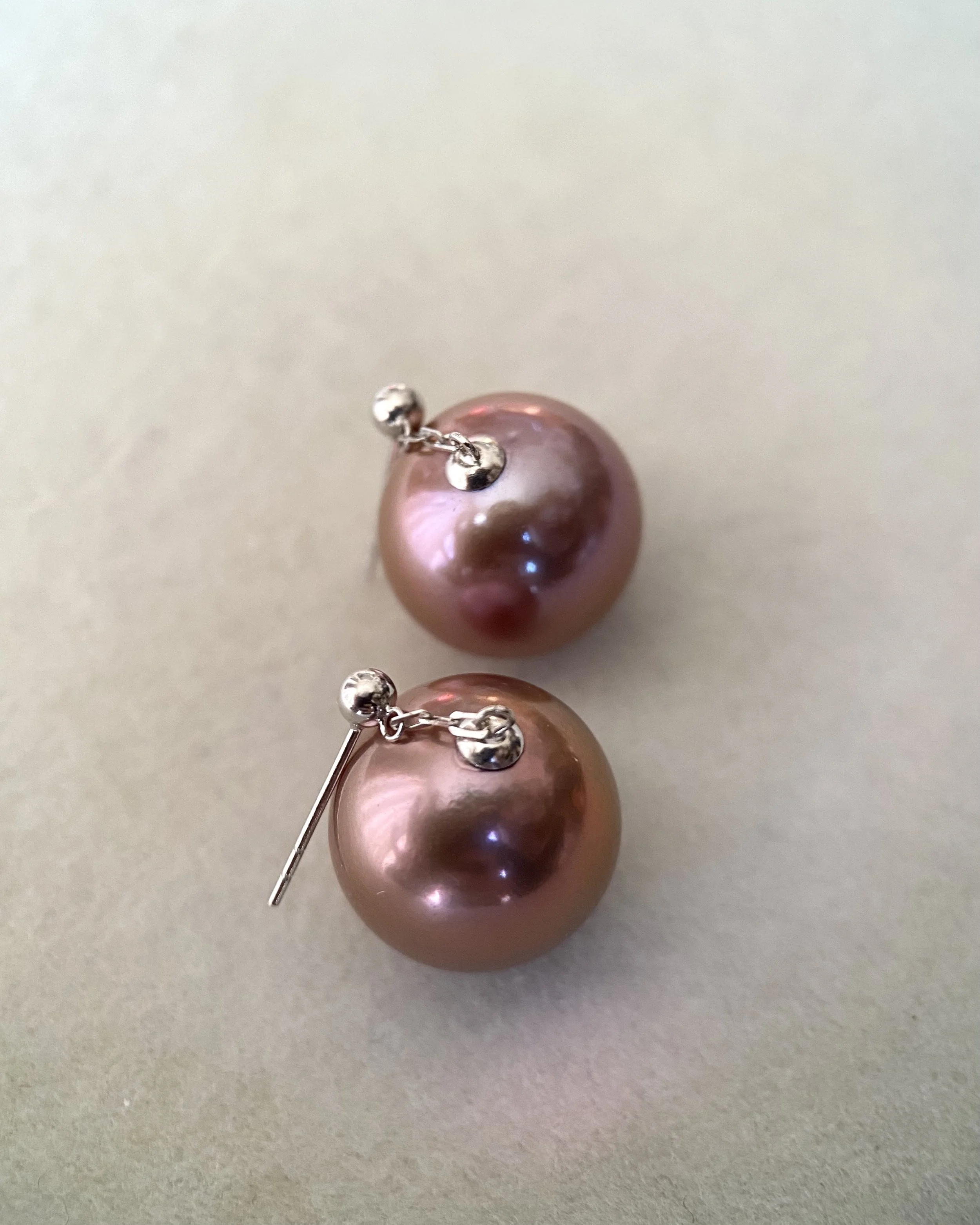 Giant 14.2mm Natural Plum-Pie Purple Freshwater Pearl Drop Earrings – Top-Tier 6A Quality, Mirror Lustre, Thick Solid 18K White Gold Starlit Pearls