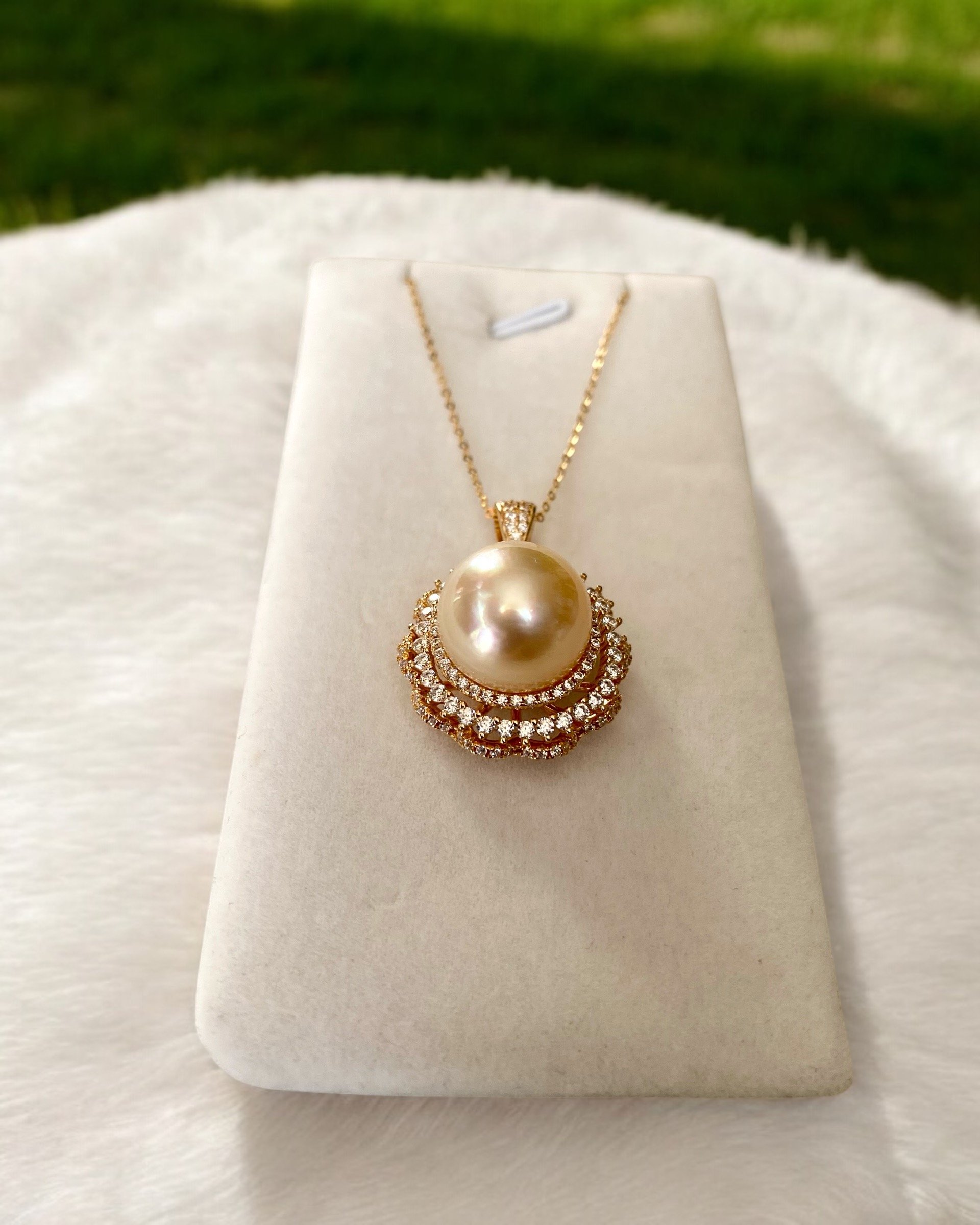 Stunning 13mm Phoenix Australian Golden South Sea Pearl Pendant, Satin Lustre, Rare Rotating Wheel of Fortune Setting, Jewellery Showpiece Starlit Pearls