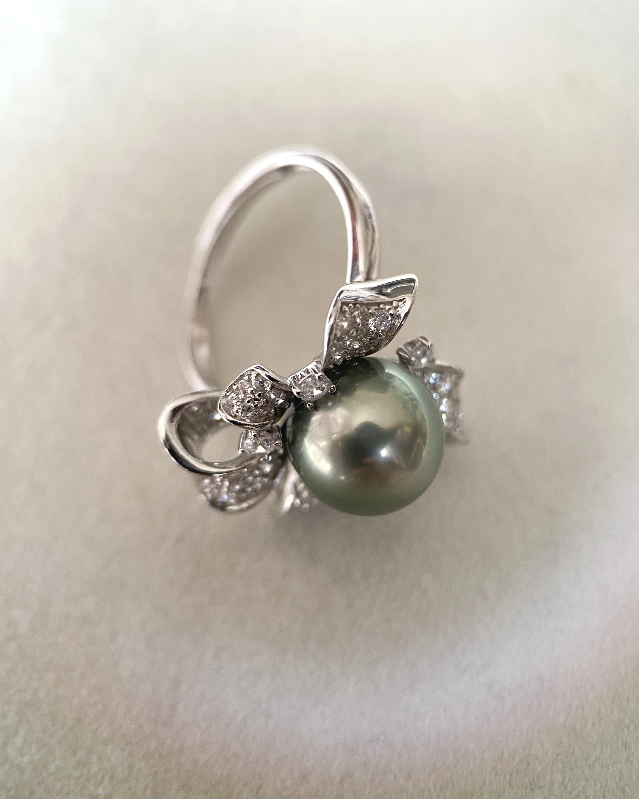 Exceptional Metallic Peacock Green Tahitian South Sea Pearl Ring 10.3mm, Adjustable S925 Sterling Silver Floral Petal Pavé Design Starlit Pearls