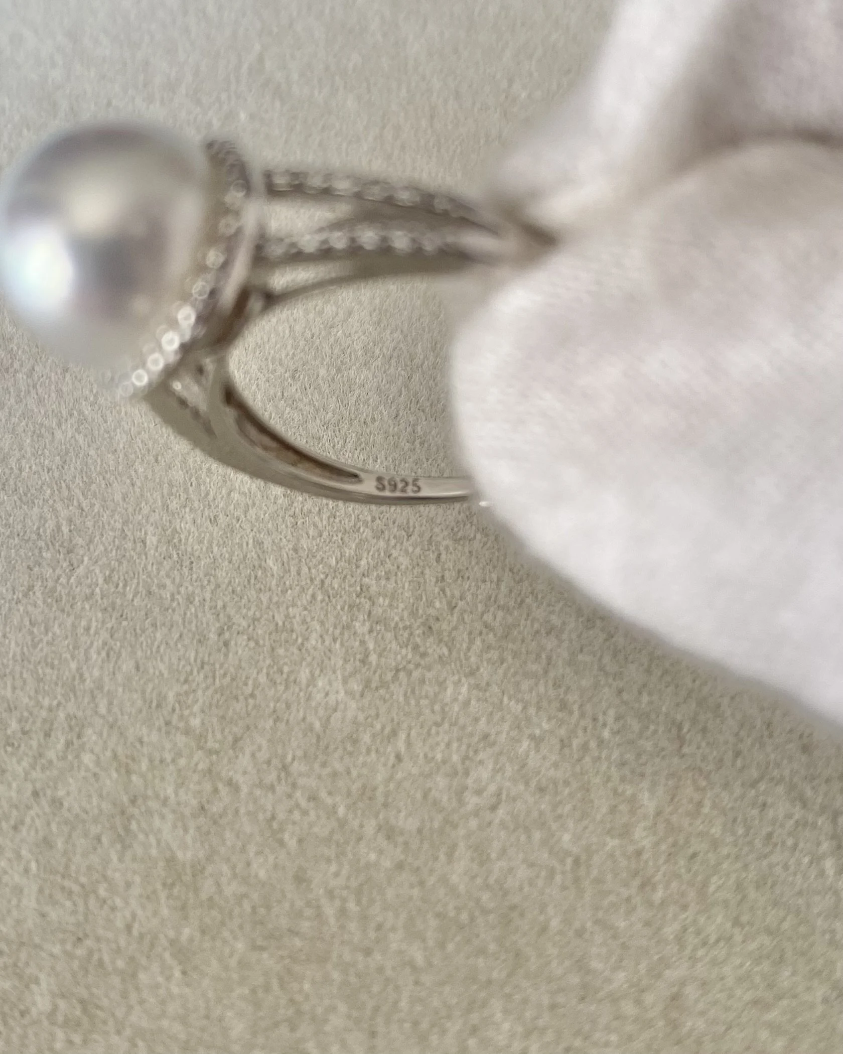 Silver White Australian South Sea Pearl Ring 9.8mm, Sparkling Halo & Split-Shank Design, Adjustable S925, Jewellery Exhibition Piece Starlit Pearls