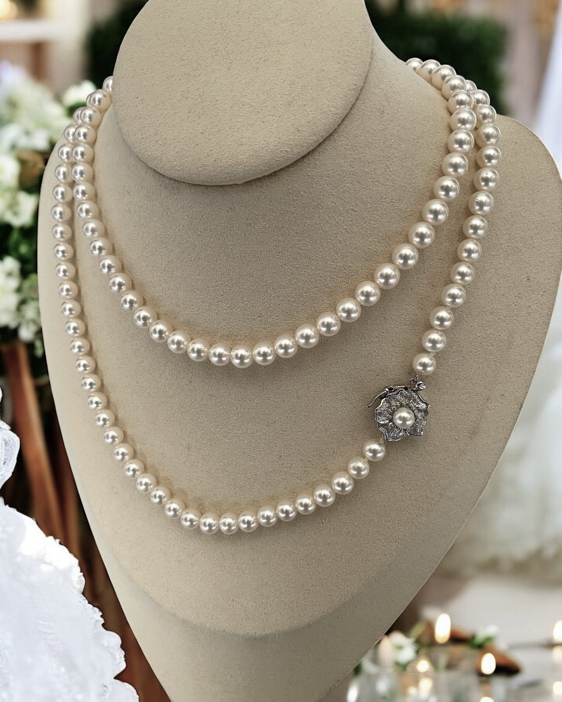 33" Extra-Long White Japanese Akoya Pearl Opera Necklace 6.5–7mm, Rose Overtone, 3D Floral Silver Clasp, Japan Jewellery Showpiece Starlit Pearls
