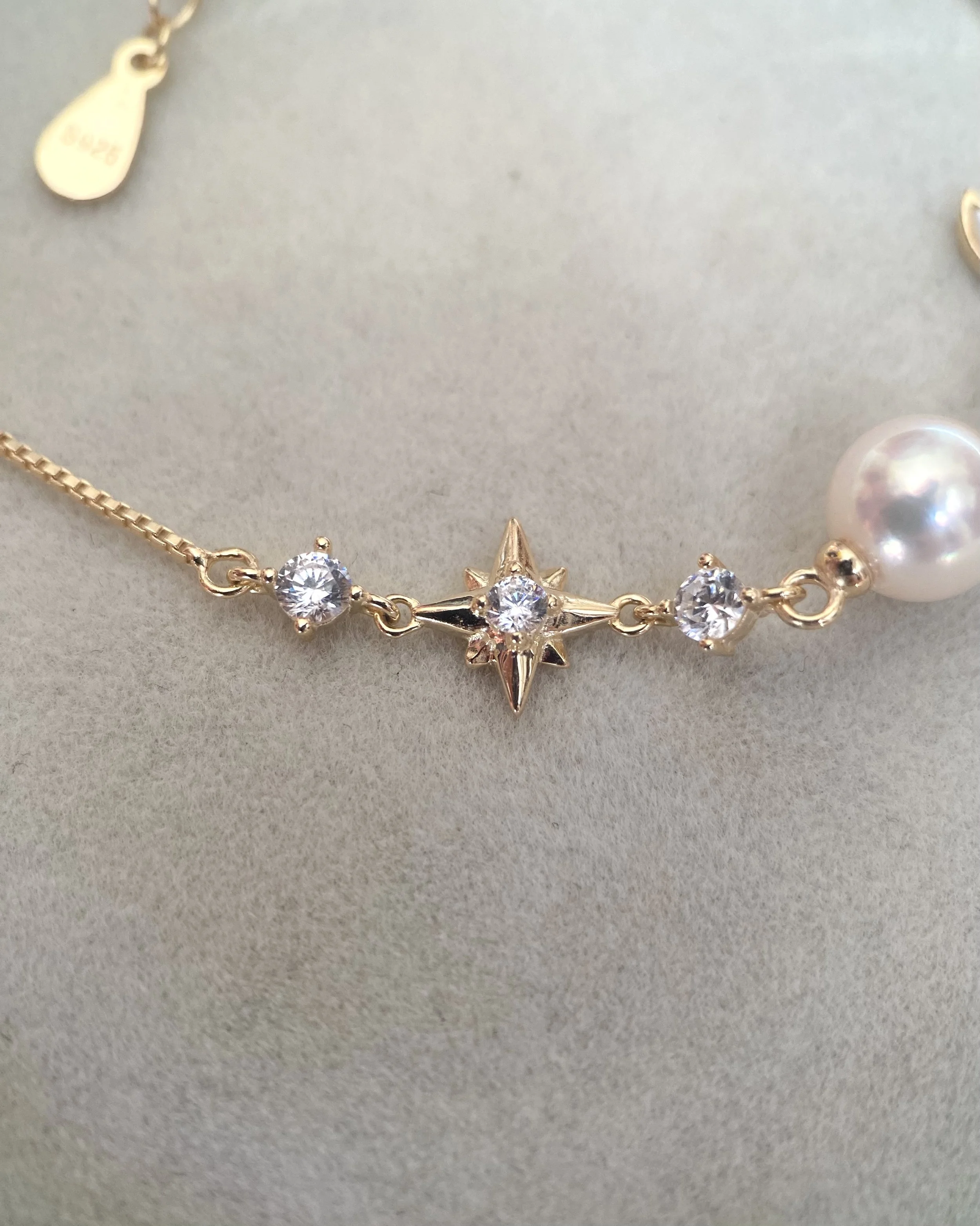 White Japanese Akoya Pearl Celestial Bracelet 7.4mm, MOP Moon & North Star with CZ, S925 Silver Adjustable Box Chain, Show Piece Starlit Pearls