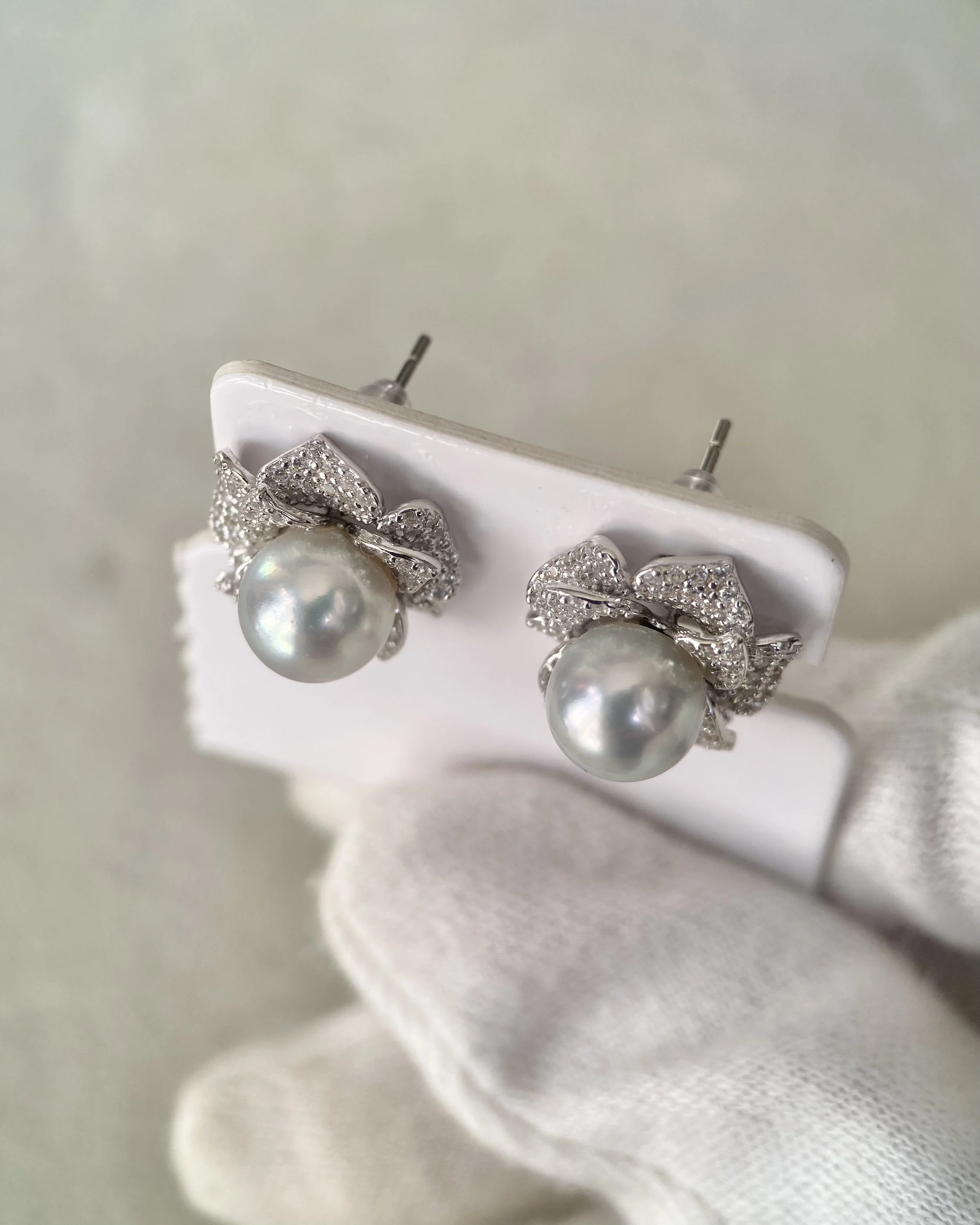8mm Japanese Natural Silver-Grey Madama Akoya Pearl Camellia Stud Earrings, Mirror Lustre, S925 Layered Pavé CZ Petals, Show Piece