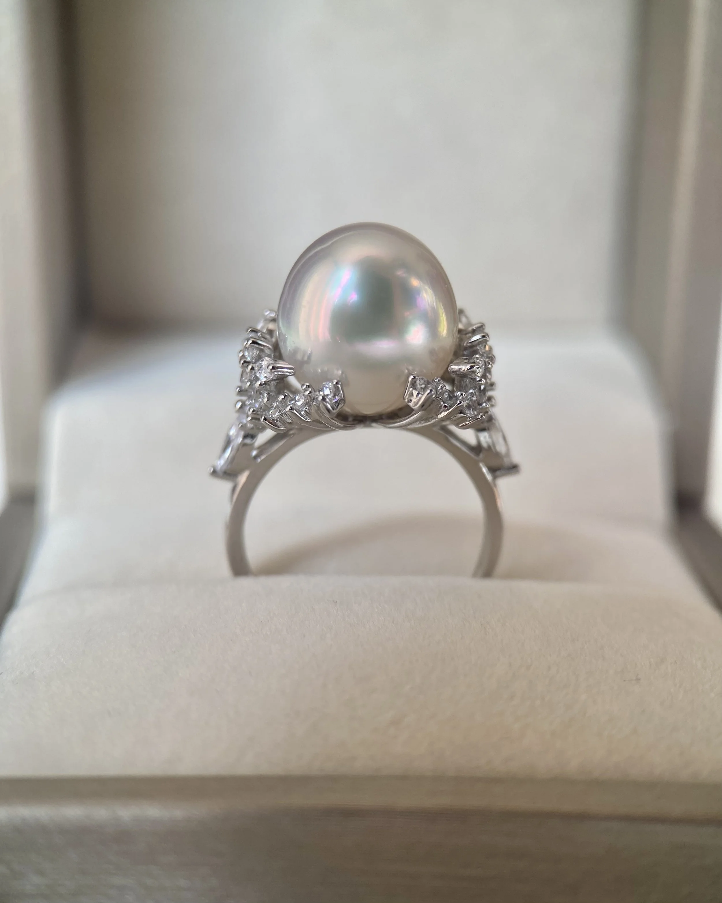 Regal 11.5-12mm Aurora Ice White Australian South Sea Pearl Ring, Satin Lustre, S925 Silver Floral Crown Setting_CZ Brilliance Starlit Pearls