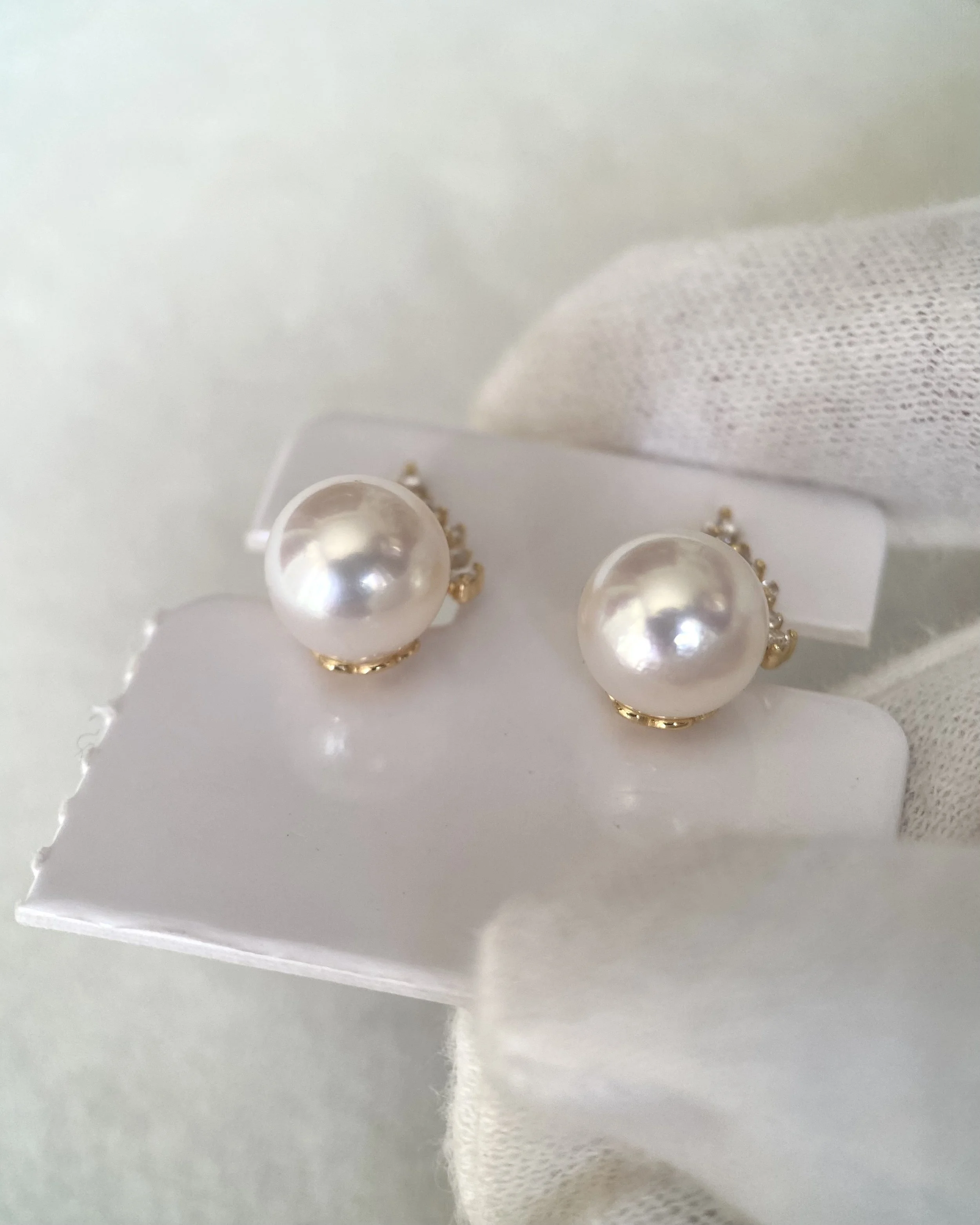 Top Quality Giant 9.2mm Japanese White Koshimono Akoya Pearl Earrings, Crown S925 Pavé Design, Exceptional High-Intensity Lustre Starlit Pearls