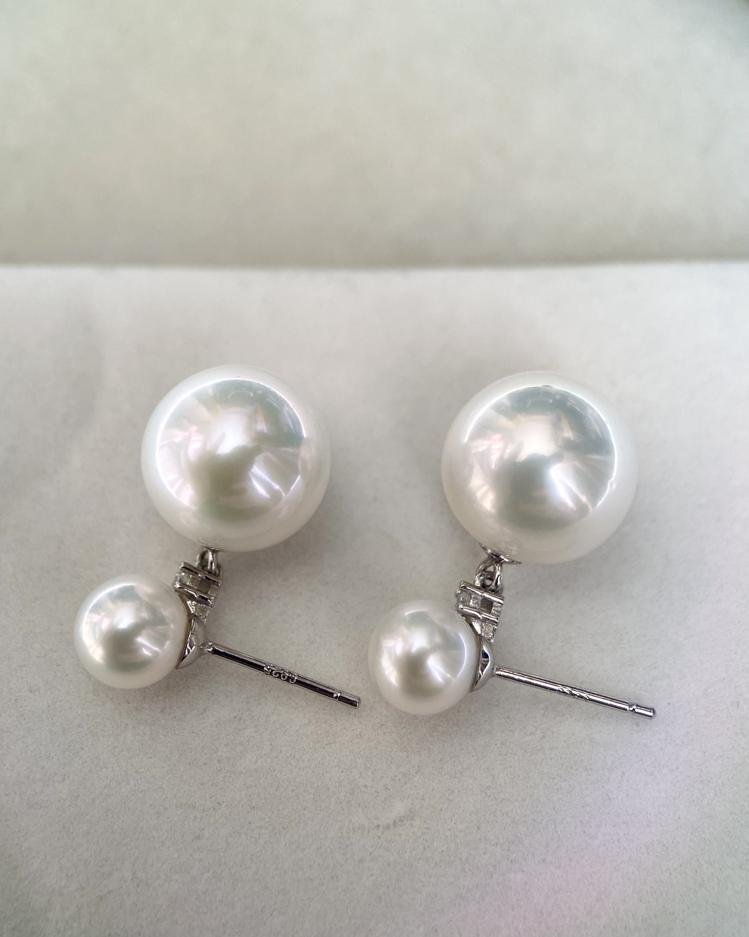 Top Crystal-Clear Cool-Toned Lustre_Genuine 7.5mm/12.5mm Snow White Freshwater Double Pearl Earrings, S925 Silver & CZ, Graceful Dangle Design Starlit Pearls
