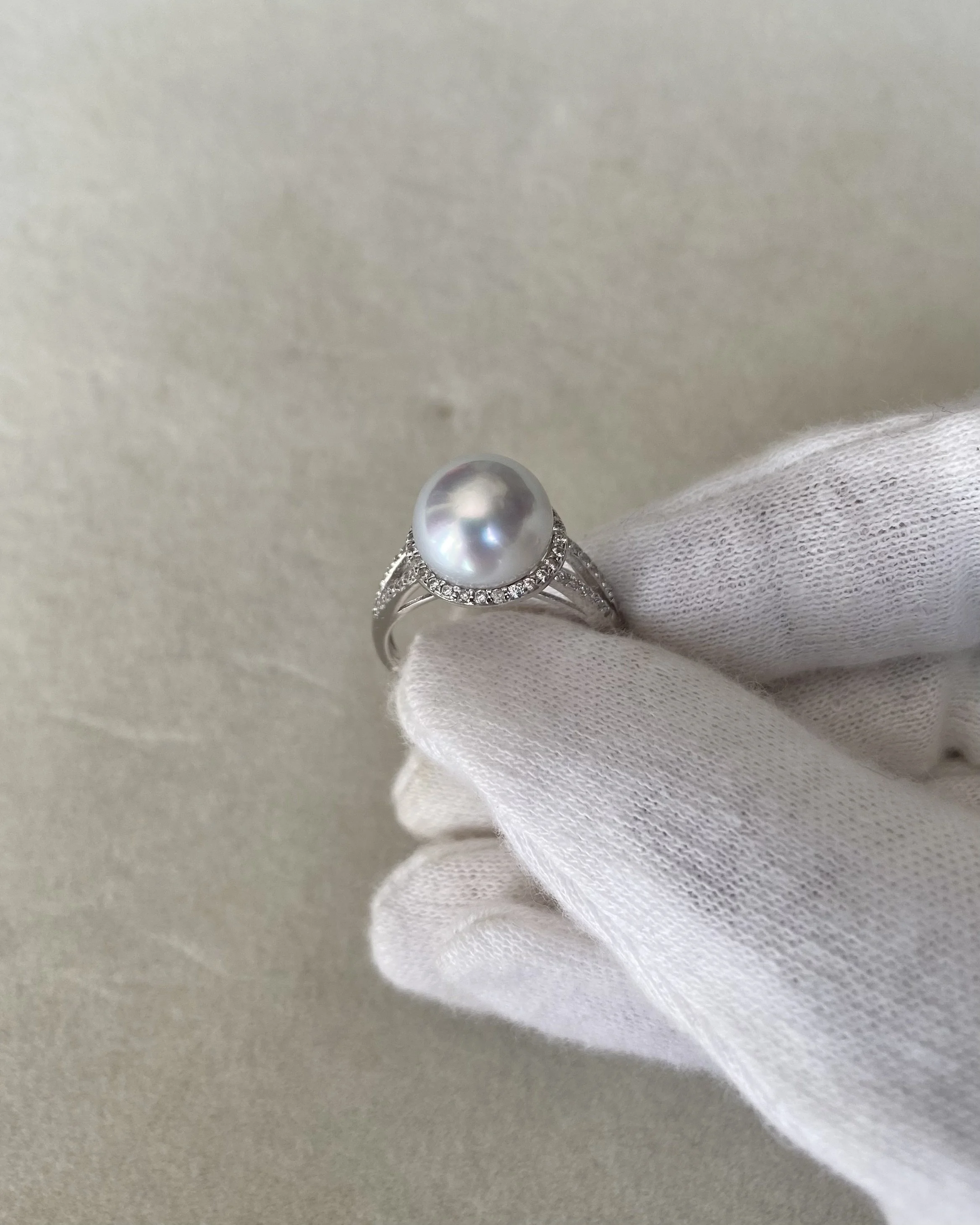 Silver White Australian South Sea Pearl Ring 9.8mm, Sparkling Halo & Split-Shank Design, Adjustable S925, Jewellery Exhibition Piece Starlit Pearls