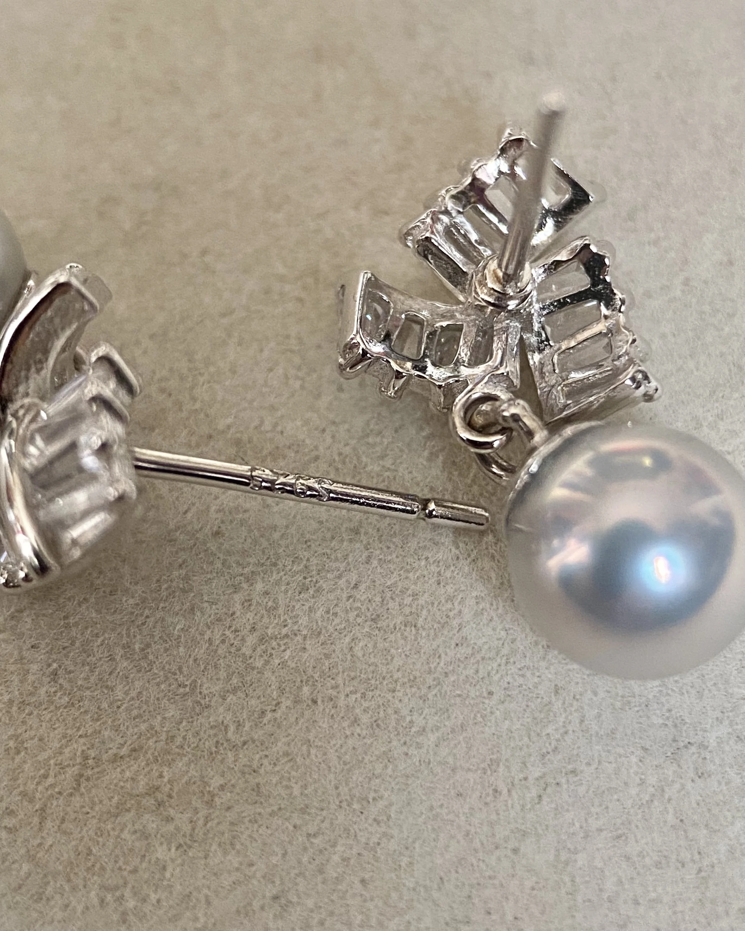 Japanese Madama Akoya Pearl Earrings 6.7mm, Cool-Toned Silver-Grey, Flawless, S925 Silver Ribbon Fan_Baguette CZ, Exhibition Piece