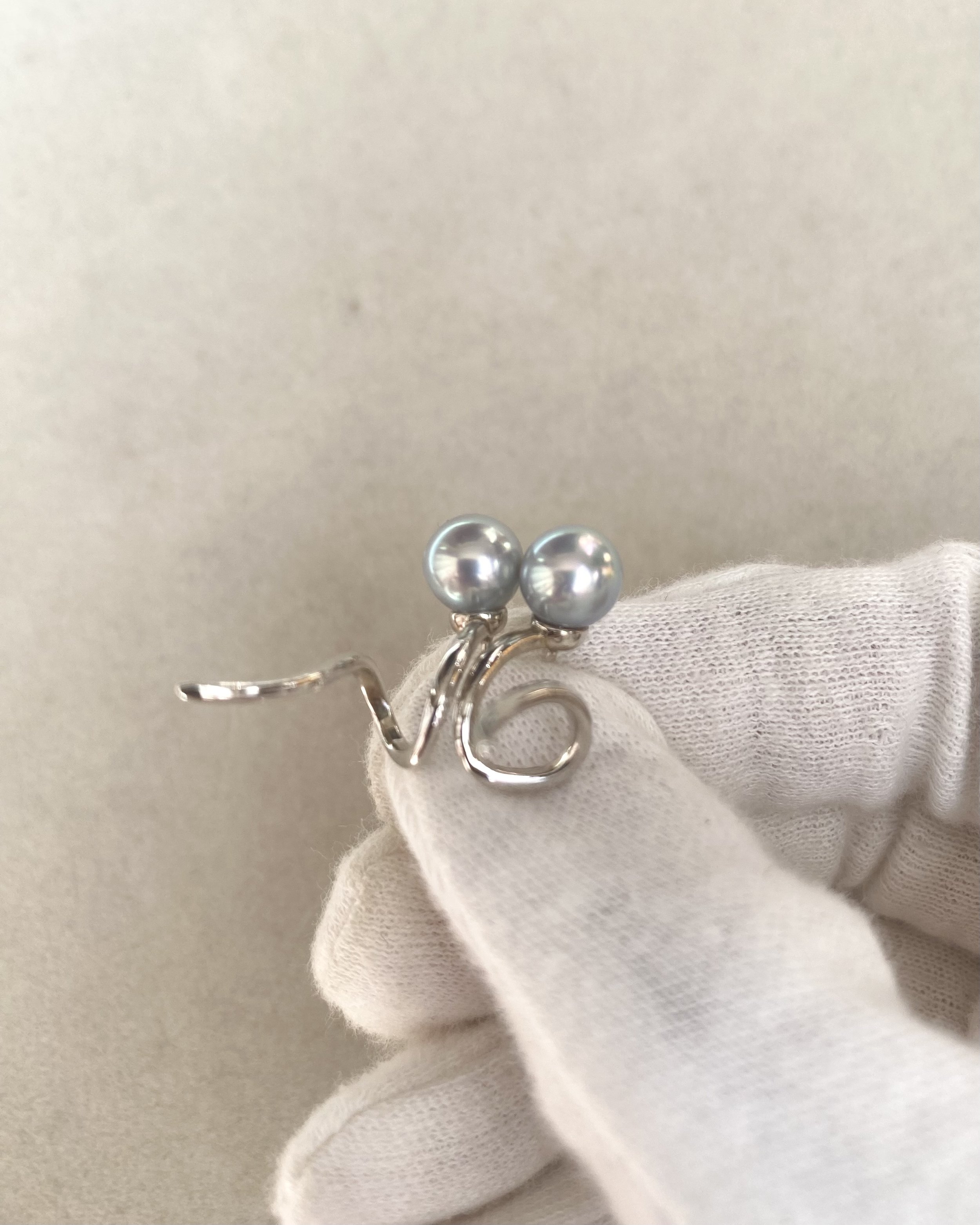 Natural Silver-Grey Blue Japanese Madama Akoya Pearl Earrings 7.1mm, Mirror Lustre, Sculptural Ribbon Wave S925 Design, Show Piece Starlit Pearls