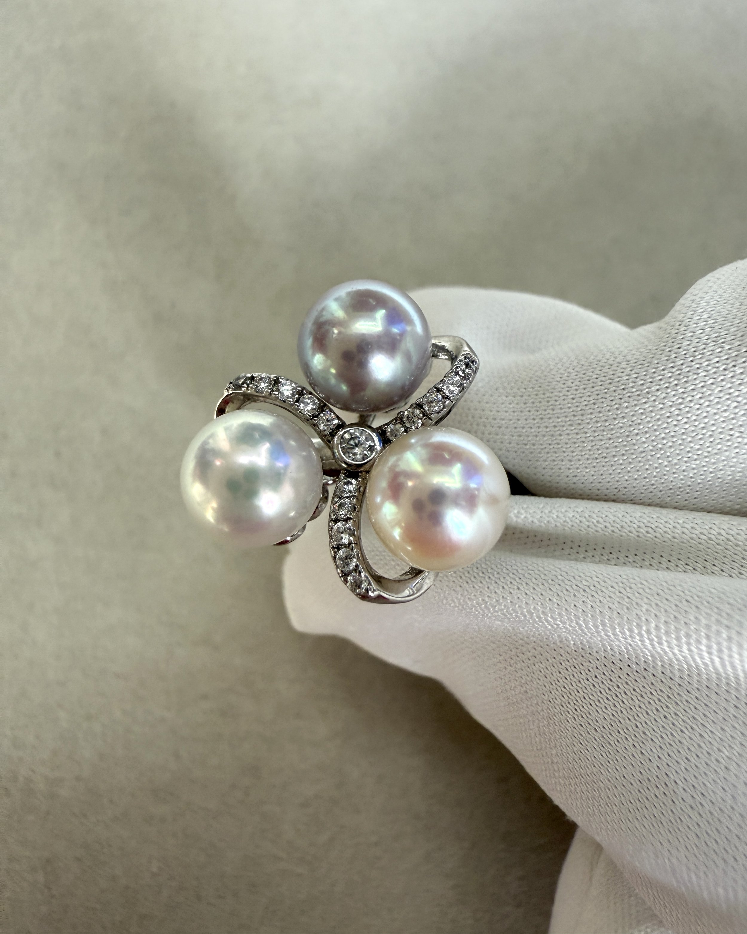 Specially Selected Tricolour Japanese Akoya Pearl Ring, 6.5mm White/Pink/Silver Pearls, Original Japanese S925 Silver Bouquet, Adjustable Starlit Pearls