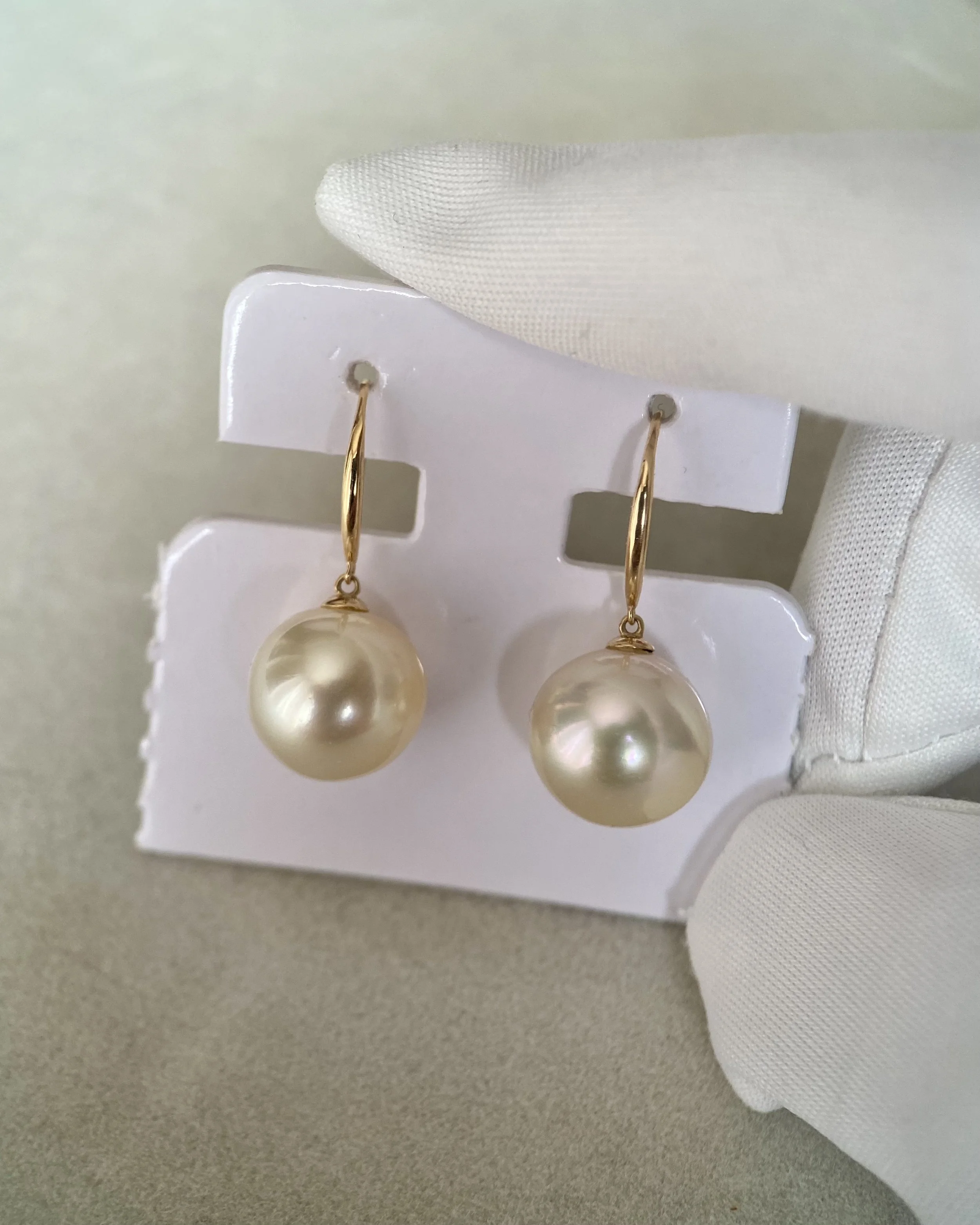 Lemon-Gold South Sea Pearl Hook Earrings 10.5mm, Flawless 6A Quality, Thick Solid 18K Gold Fittings Starlit Pearls