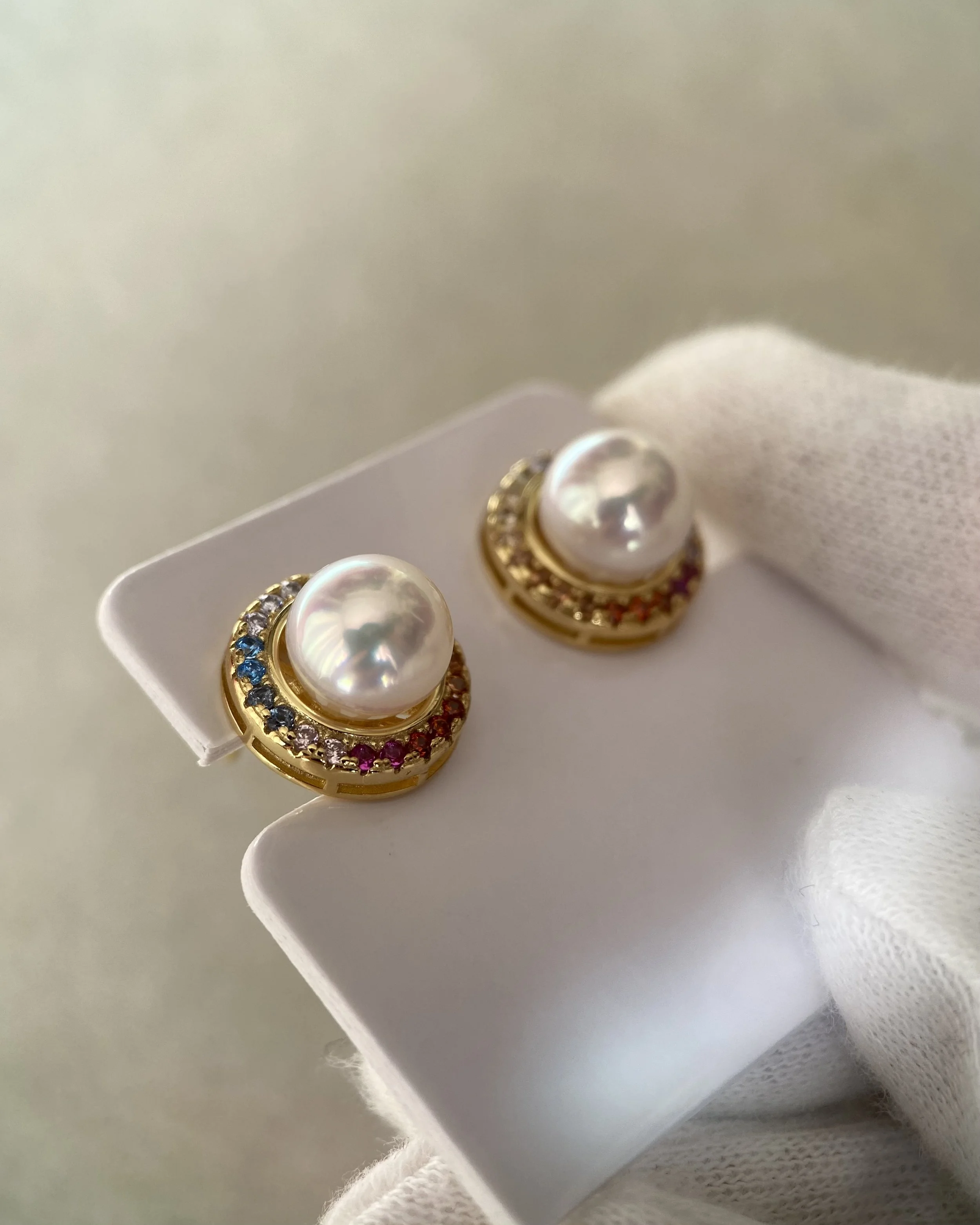 Rare Padparadscha_Japanese Akoya Pearl Earrings, 8mm Tennyo, White-Rose Overtone, S925 Bezel-Set with Rainbow Sapphire Halo, Showpiece Starlit Pearls