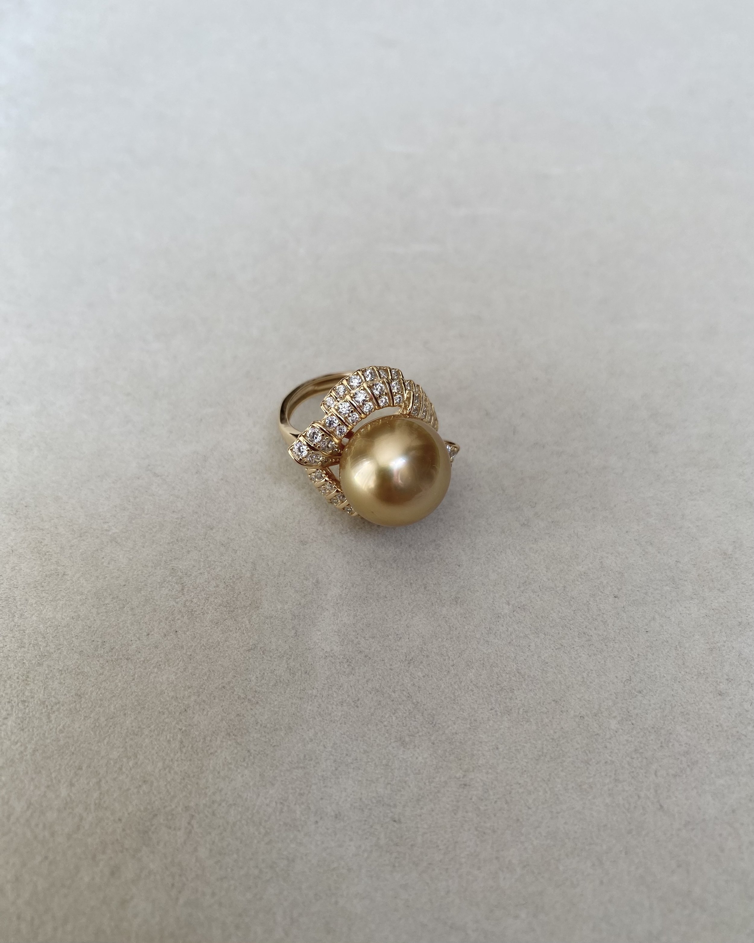 Large 13.2mm Golden South Sea Pearl Ring, Deep Rich Gold Tone, Sculptural Ribbon Pavé-Set S925 Sterling Silver Adjustable Band Starlit Pearls
