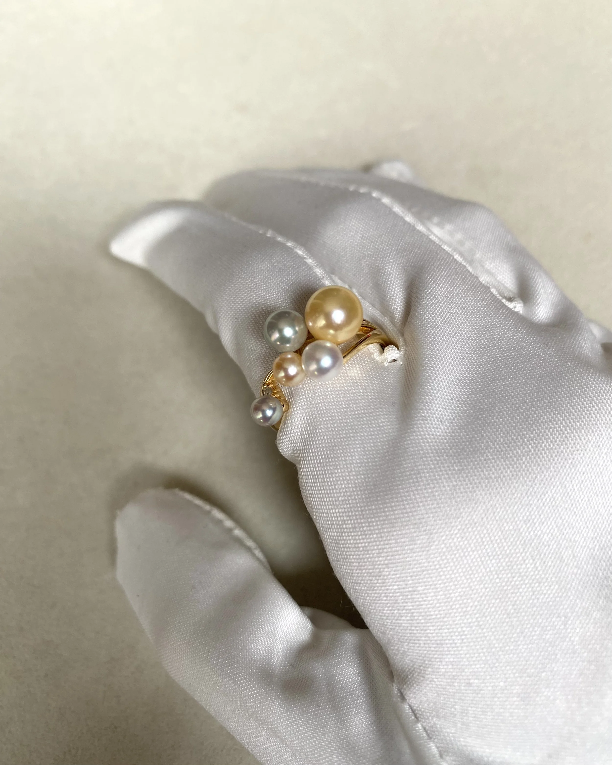 Rare Japanese Akoya Pearl Cluster Ring – Golden Dawn, Saiundama & Sairindama Pearls, Scattered Starlight Design, S925 Silver Band Starlit Pearls