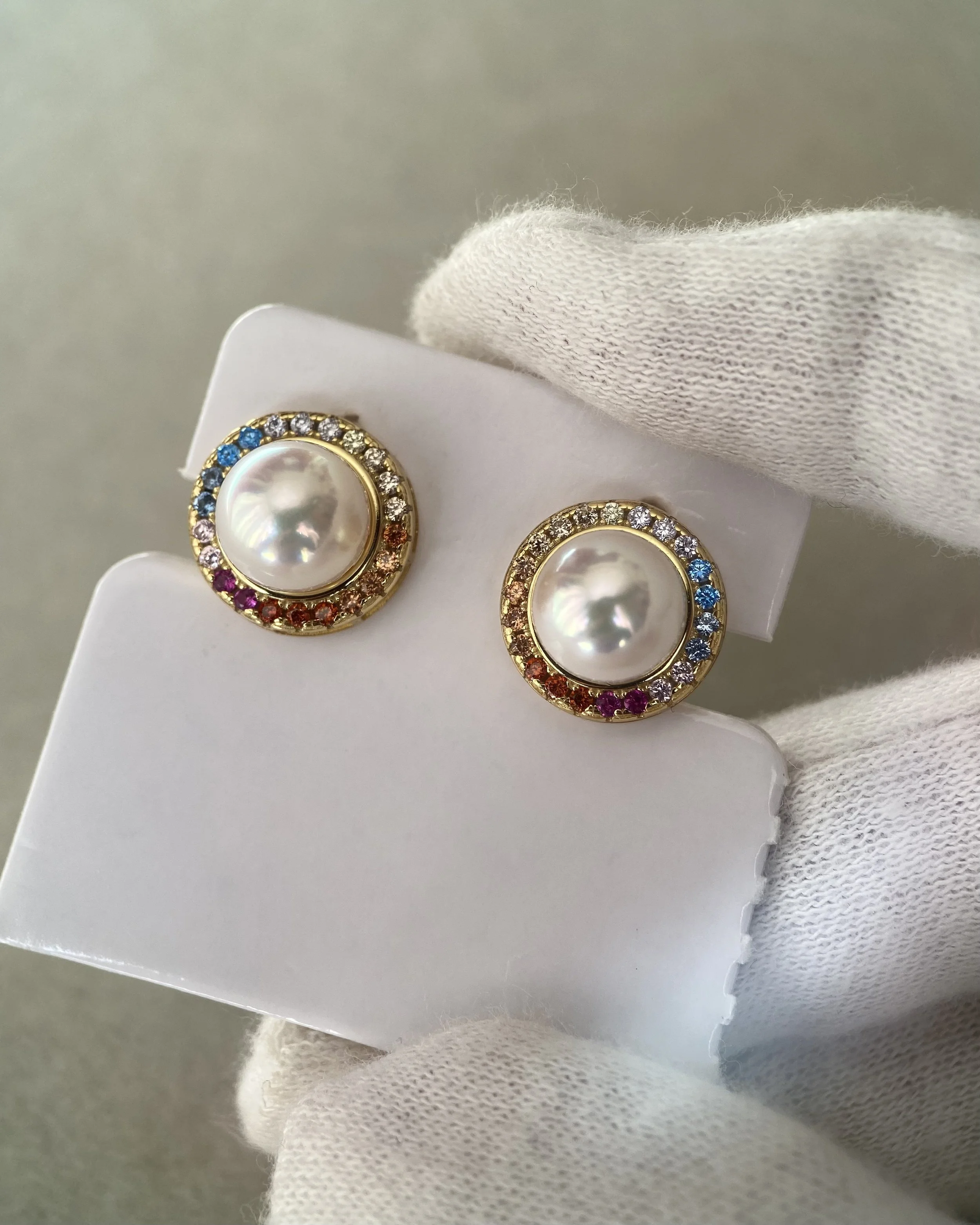Rare Padparadscha_Japanese Akoya Pearl Earrings, 8mm Tennyo, White-Rose Overtone, S925 Bezel-Set with Rainbow Sapphire Halo, Showpiece Starlit Pearls
