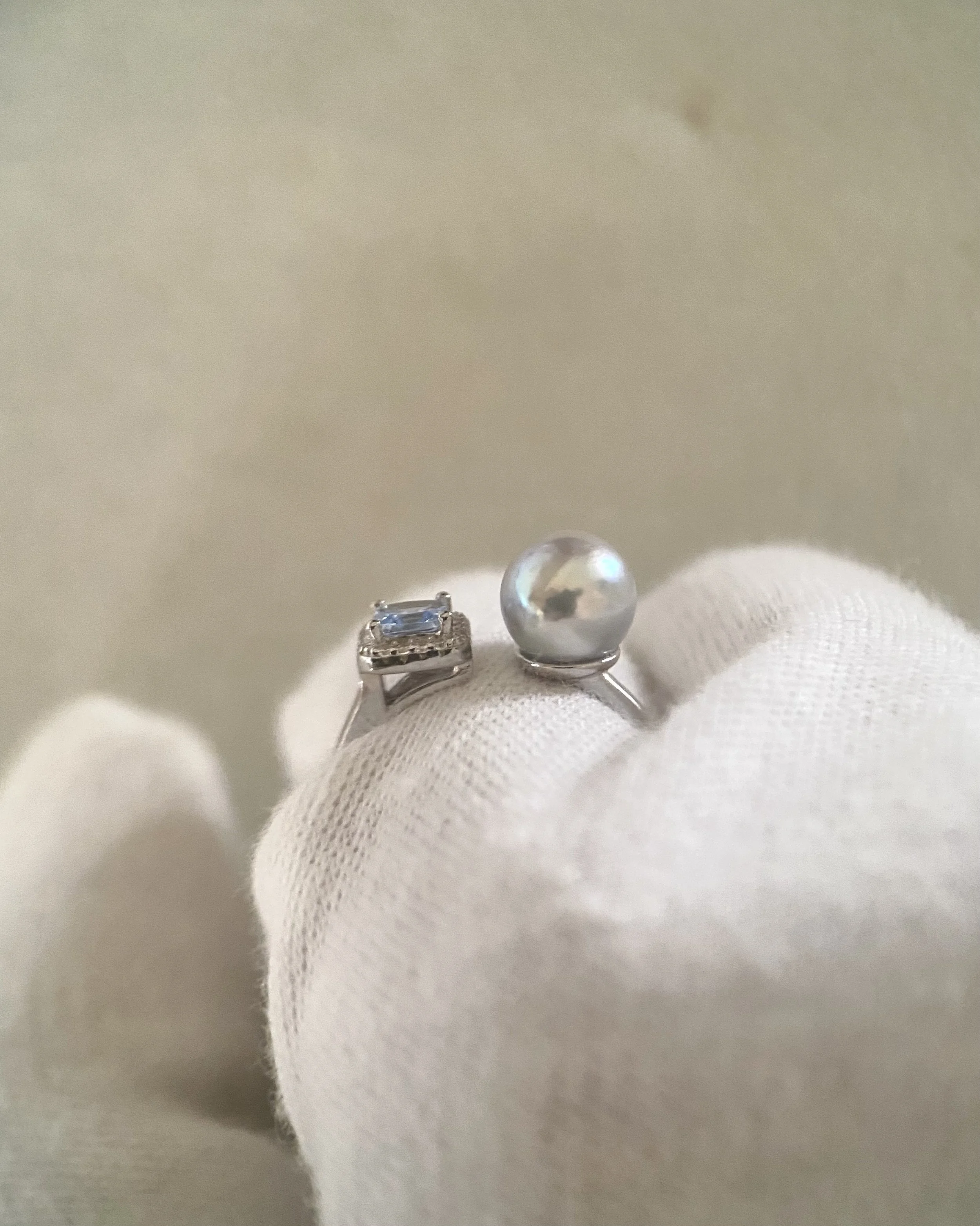 Premium Japanese Silver-Grey Blue Madama Akoya Pearl Open Ring 7.5mm, Ice-Blue Princess-Cut CZ, Adjustable S925, Exhibition Piece Starlit Pearls