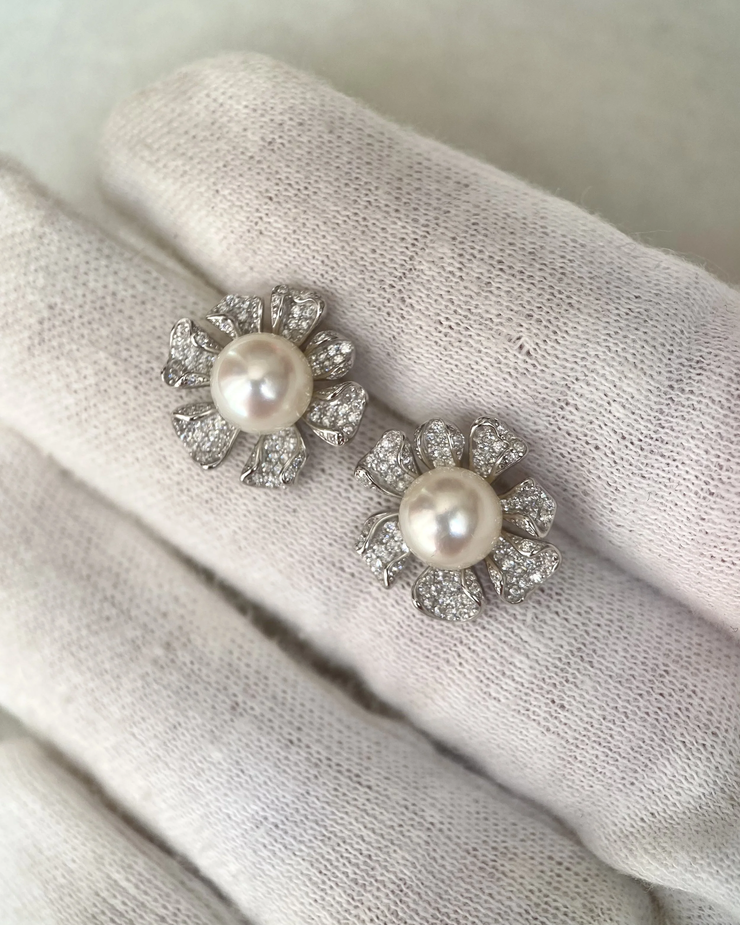 Japanese Crystal White Akoya Pearl Flower Stud Earrings 7-7.5mm, Soft Pink Overtone, Sculptural CZ Petals, S925 Silver, Show Piece Starlit Pearls