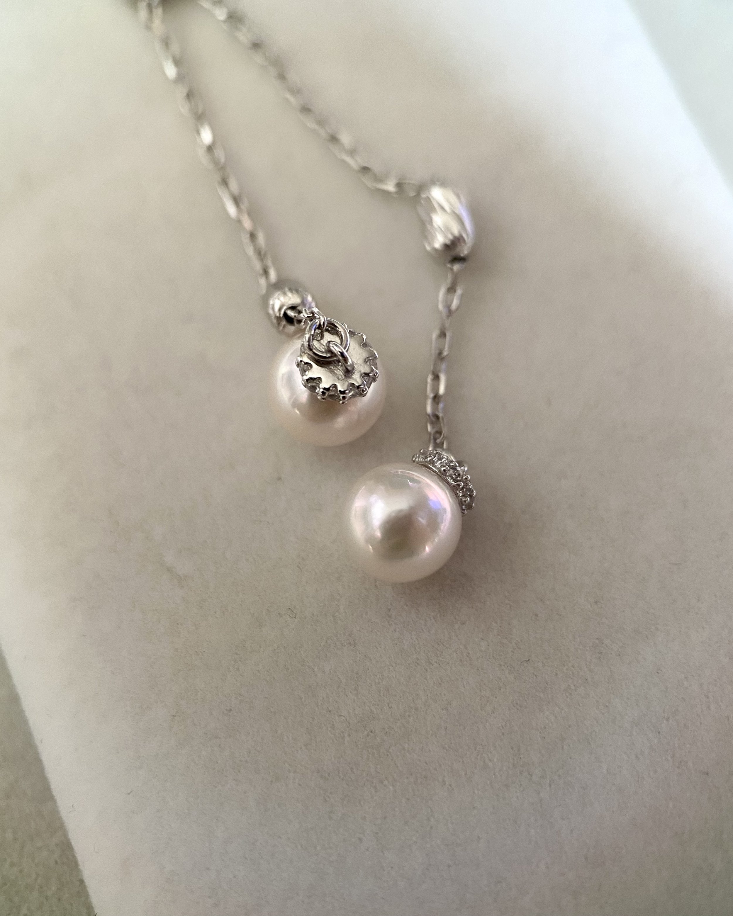 Original Japanese-Finished 6.5–7mm Classic White Akoya Pearl Y Necklace – S925 Silver Sparkling Textured Bead Chain, Double-Drop Design Starlit Pearls