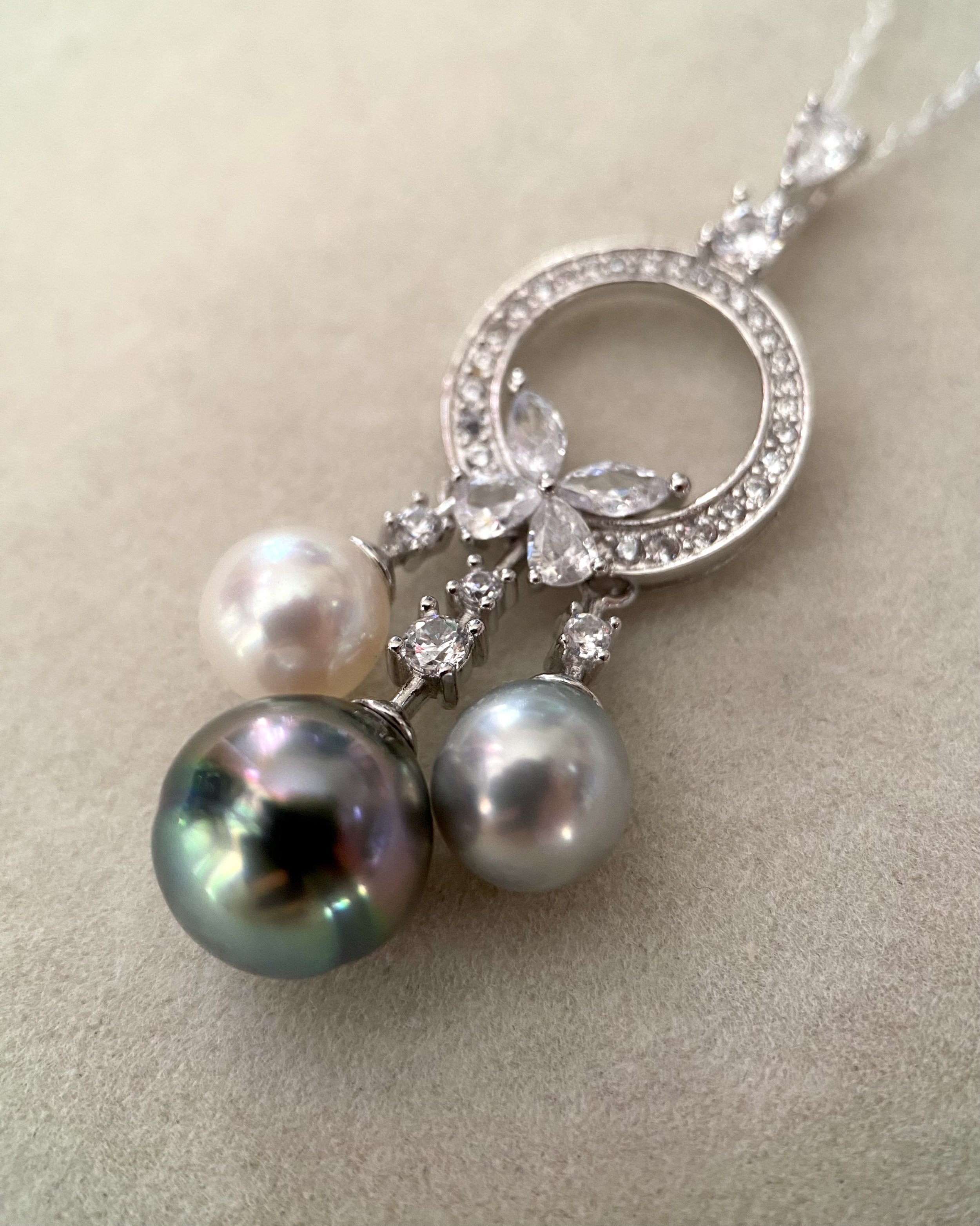 Rare 11mm Tahitian Peacock Green Baroque South Sea Pearl Pendant w/ 8mm Japanese White & Silver Madama Akoya Pearls, 925 Dreamcatcher Design Starlit Pearls