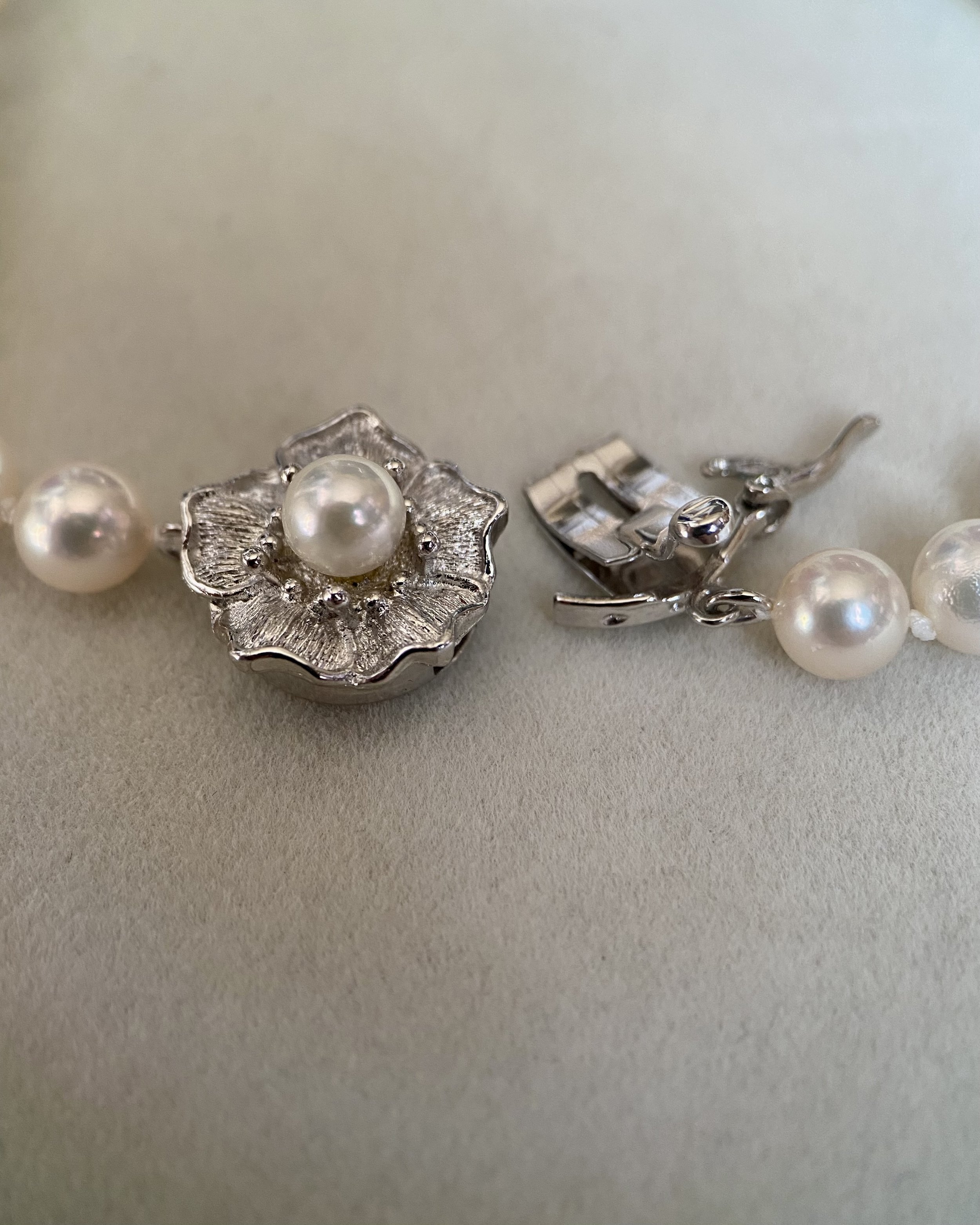 33" Extra-Long White Japanese Akoya Pearl Opera Necklace 6.5–7mm, Rose Overtone, 3D Floral Silver Clasp, Japan Jewellery Showpiece Starlit Pearls