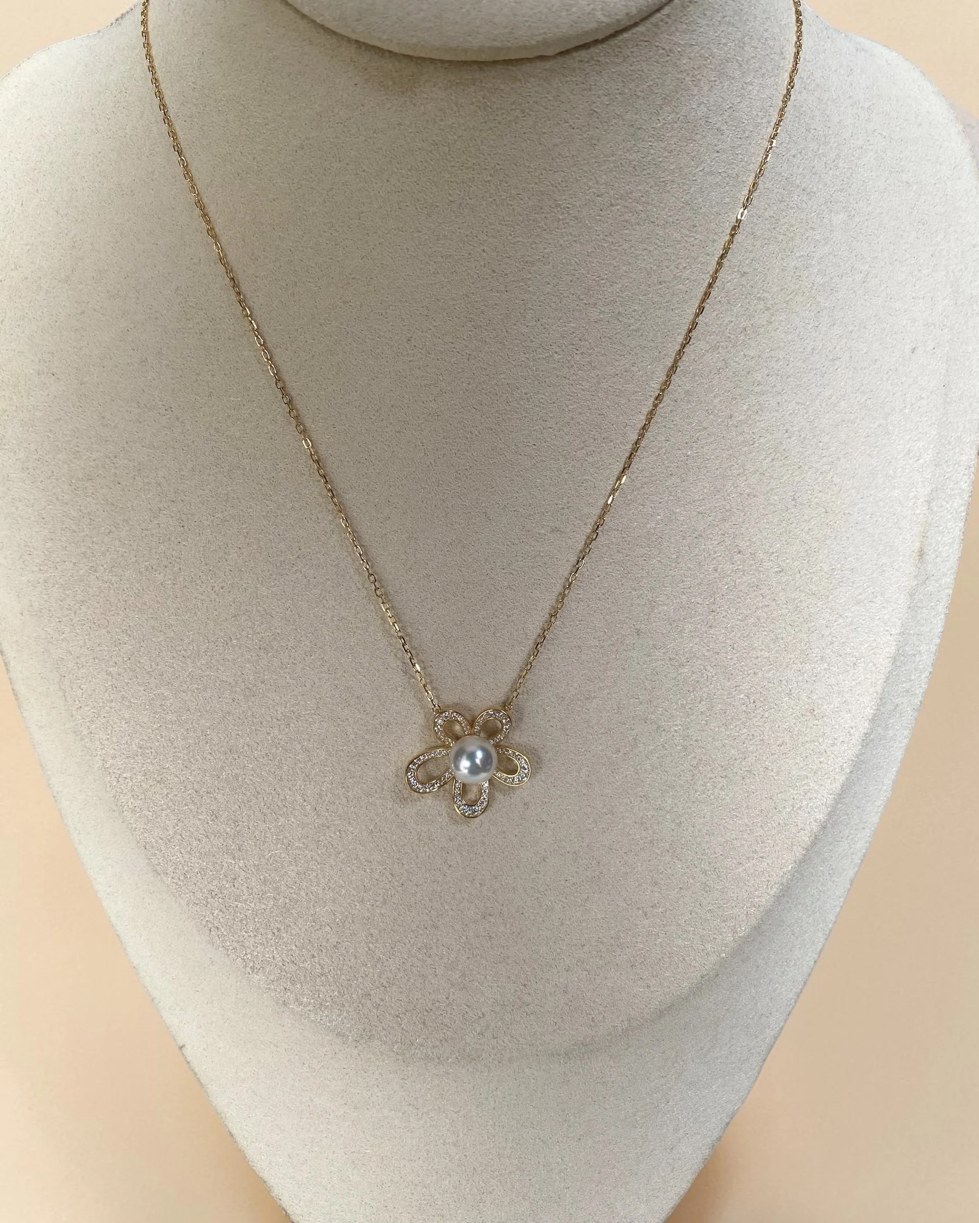 Japanese Akoya Pearl Flower Necklace 7.5mm, Flawless 6A White-Pink Pearl, S925 Silver Flowing Floral Design with CZ, Exhibition Piece Starlit Pearls