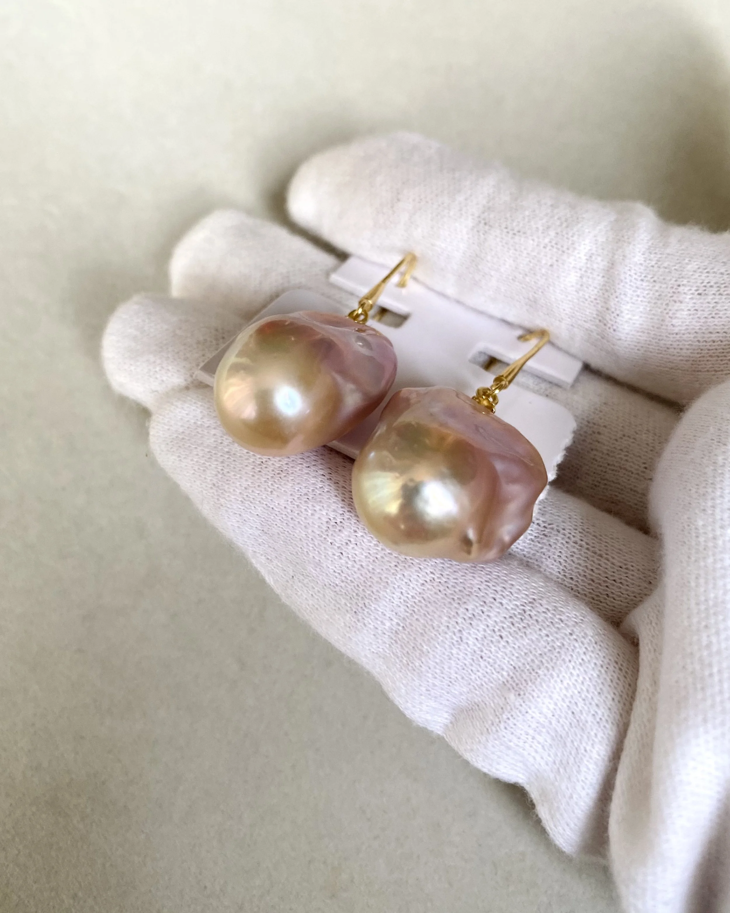 Giant 22mm Natural Pastel-Ombre Baroque Freshwater Pearl Hook Earrings, Pink Sunset Iridescence, Minimalist S925 Silver, Chubby Shape Starlit Pearls