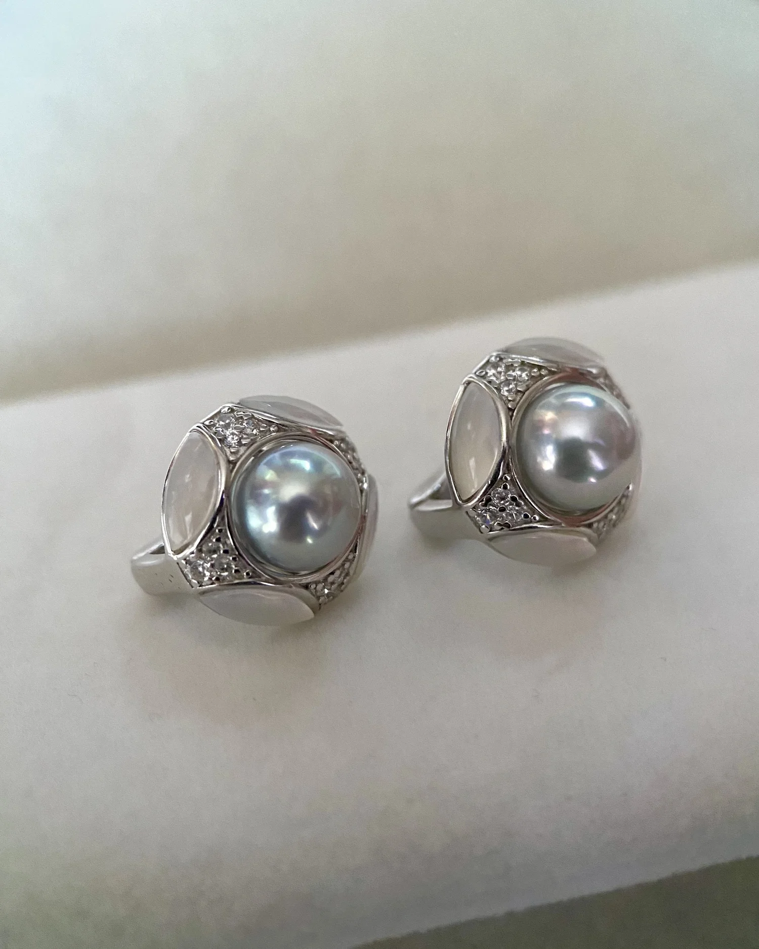 7.5-8mm Japanese Silver-Grey Madama Akoya Pearl Earrings, Subtle Pink-Blue Overtones, Original Japanese S925 Mother-of-Pearl Clip-On Studs Starlit Pearls