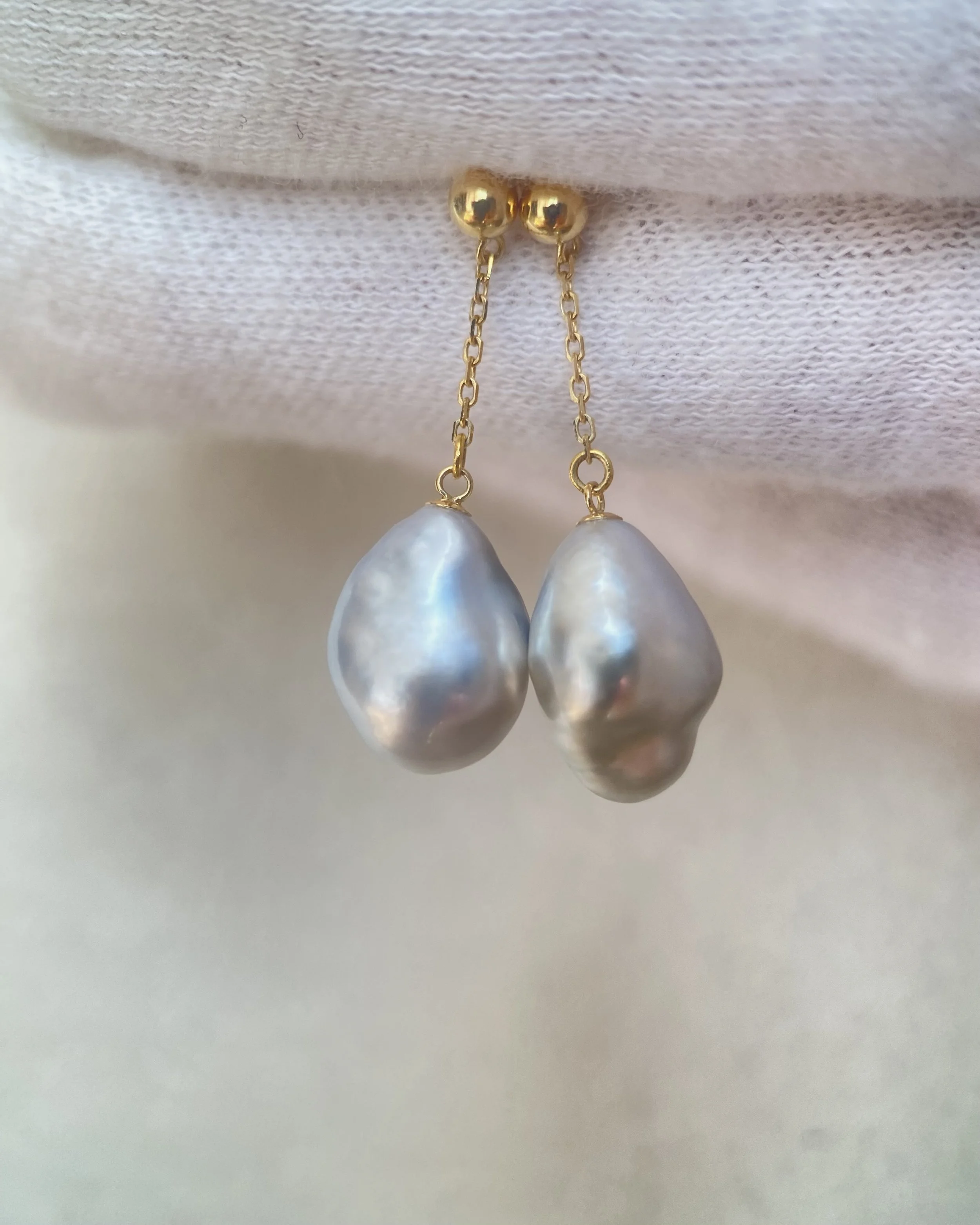 Rare Australian Icy Silver South Sea Baroque Pearl Drop Earrings 11–12mm, Satin Lustre, Solid 18K Gold Fittings, Wind-Sway Design Starlit Pearls