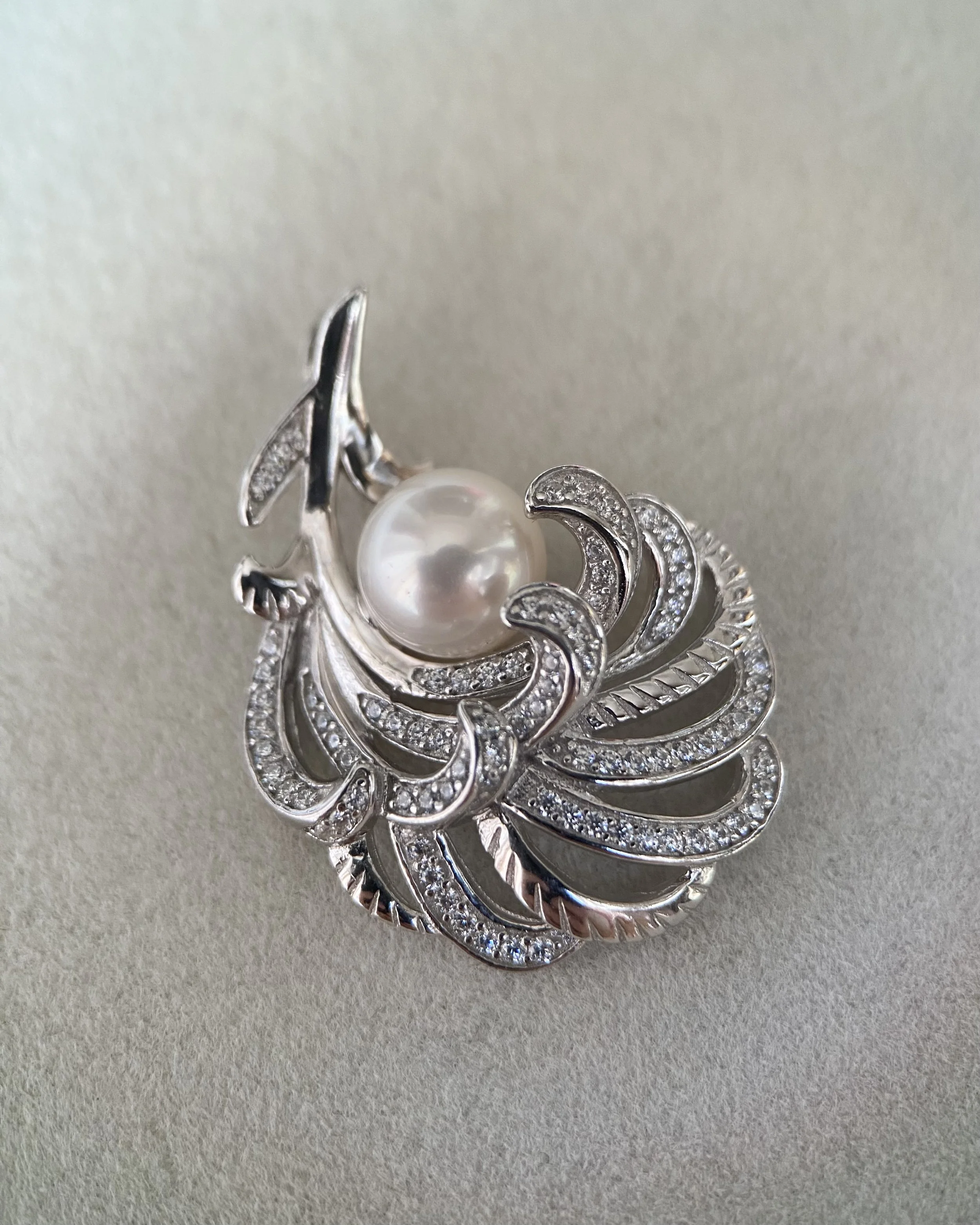Top Quality Crystal White Japanese Akoya Pearl Pendant 8mm, Sculptural Layered Feather S925 Silver & CZ Design, Exhibition Piece