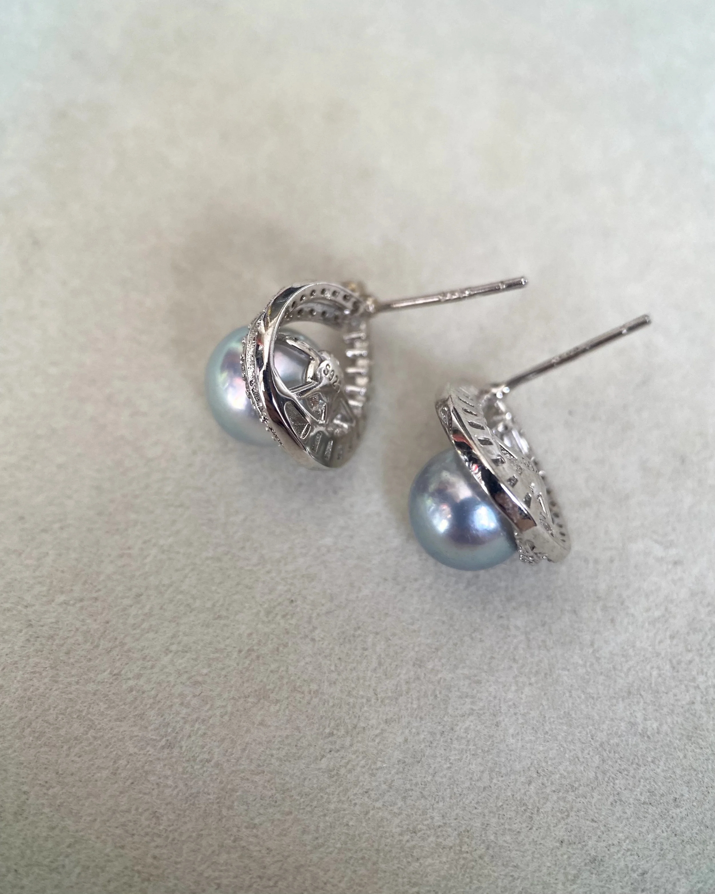 Japanese Silver Grey Madama Akoya Pearl Earrings 8–8.3mm, Iridescent Overtones, S925 Silver Teardrop Baguette Design, Exhibition Piece Starlit Pearls