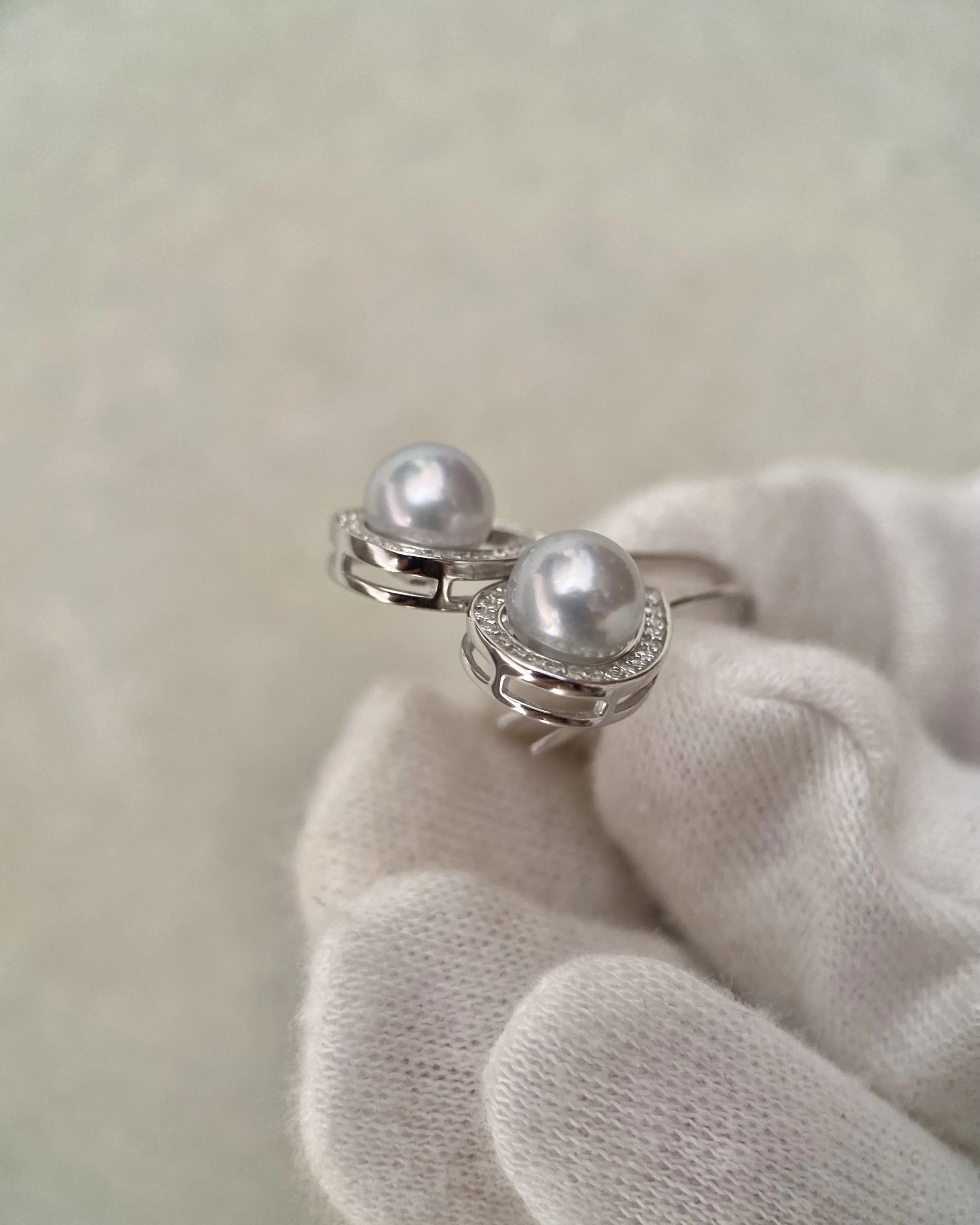 Japanese Airy Silver-Grey Madama Akoya Pearl Hook Earrings 6.7mm, S925 Silver Teardrop Pavé Halo Setting, Jewellery Exhibition Piece Starlit Pearls