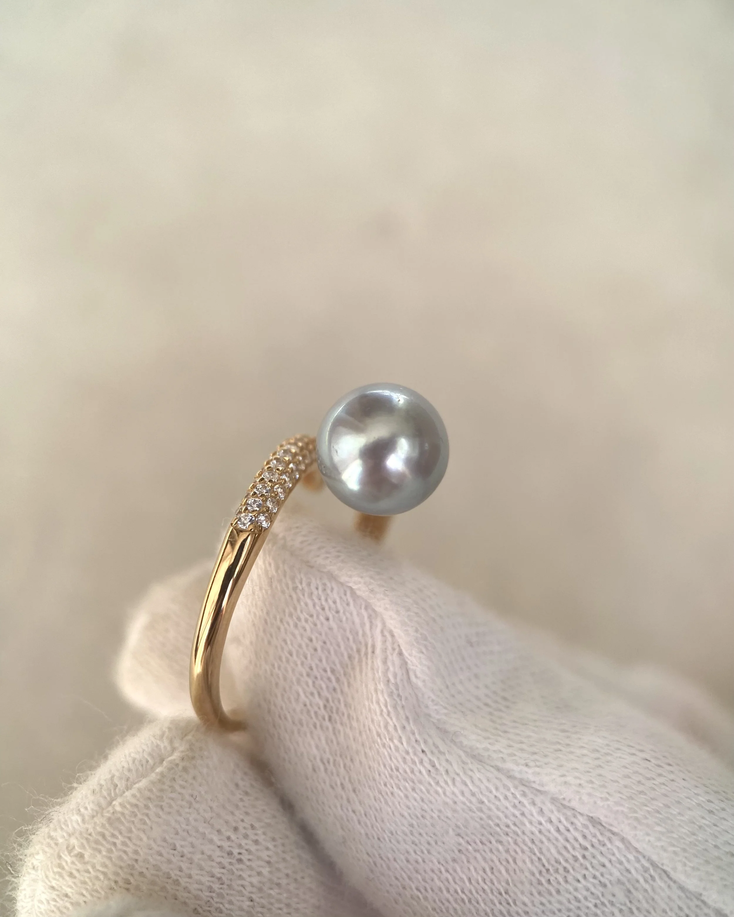 Premium 8.3mm Natural Silver-Grey Blue Japanese Madama Akoya Pearl Nail Ring, Mirror Lustre, S925 & Pavé CZ, Adjustable, Show Piece Starlit Pearls
