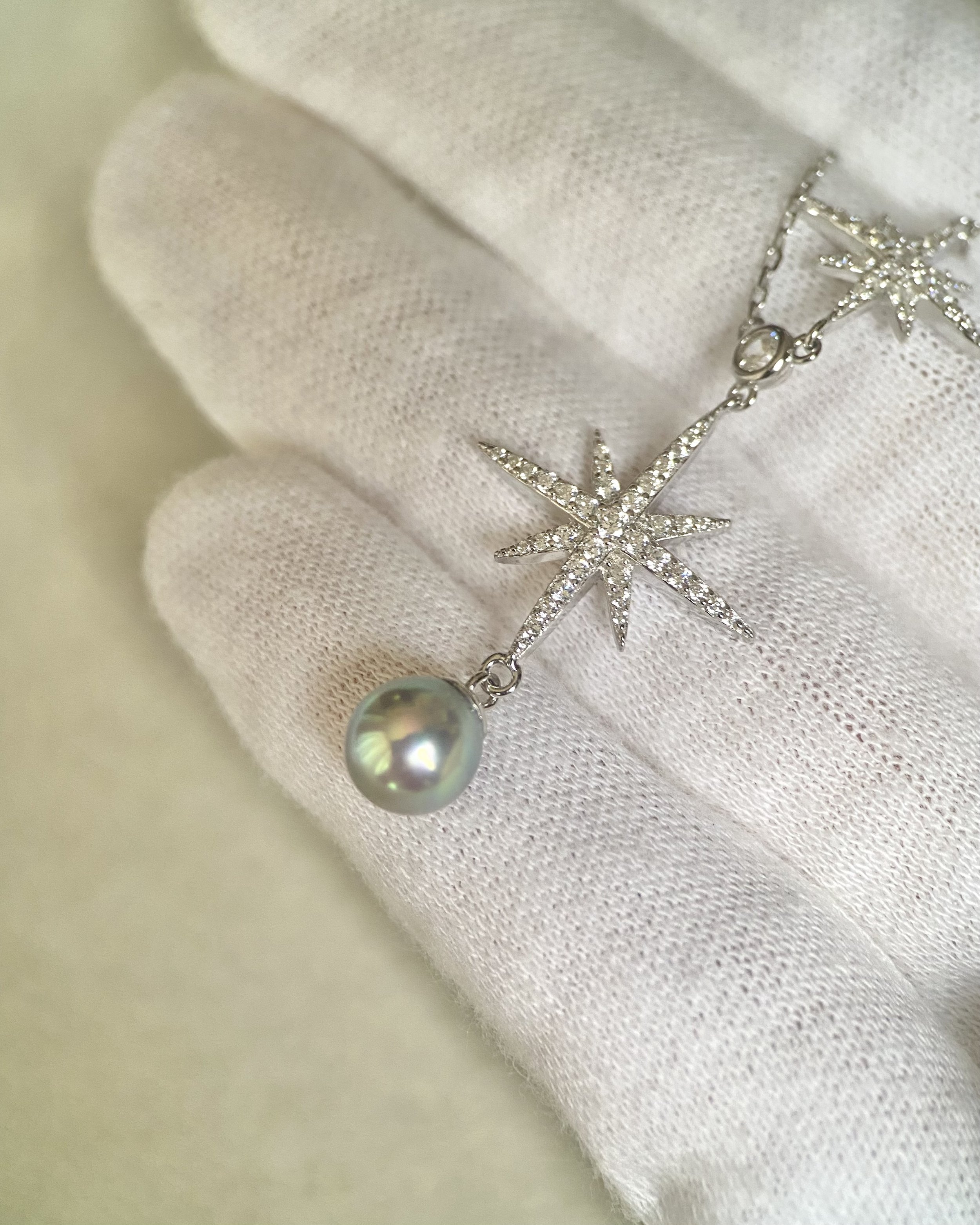 Japanese Silver-Peacock Green Madama Akoya Pearl Pendant Necklace 7mm, 7A Aurora Lustre, Starburst Pavé CZ S925 Chain, Made In Japan Starlit Pearls