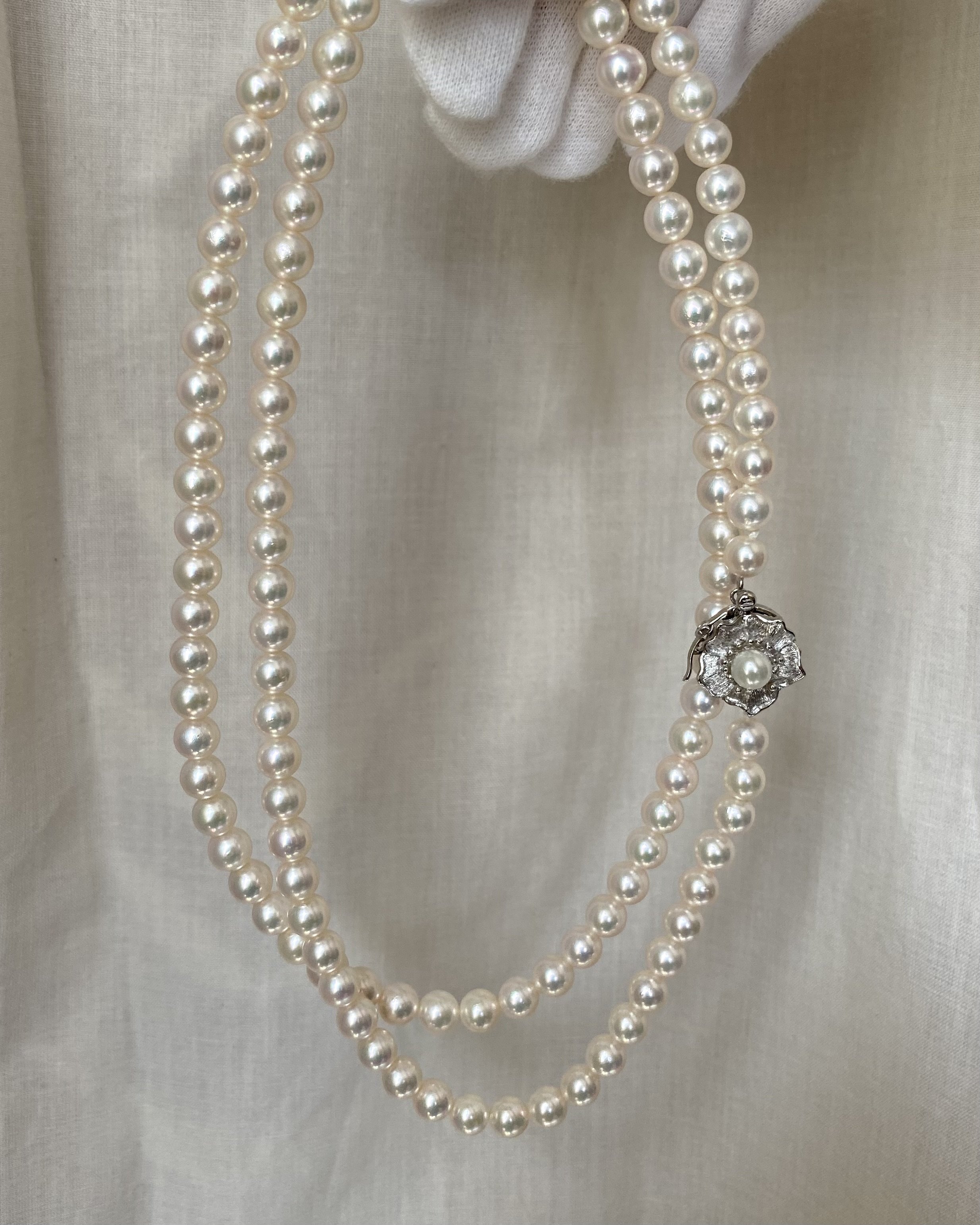 33" Extra-Long White Japanese Akoya Pearl Opera Necklace 6.5–7mm, Rose Overtone, 3D Floral Silver Clasp, Japan Jewellery Showpiece Starlit Pearls