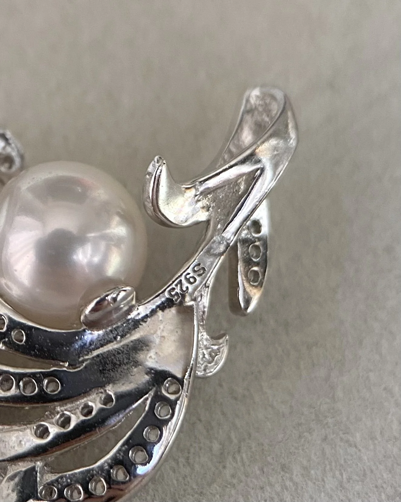 Top Quality Crystal White Japanese Akoya Pearl Pendant 8mm, Sculptural Layered Feather S925 Silver & CZ Design, Exhibition Piece Starlit Pearls