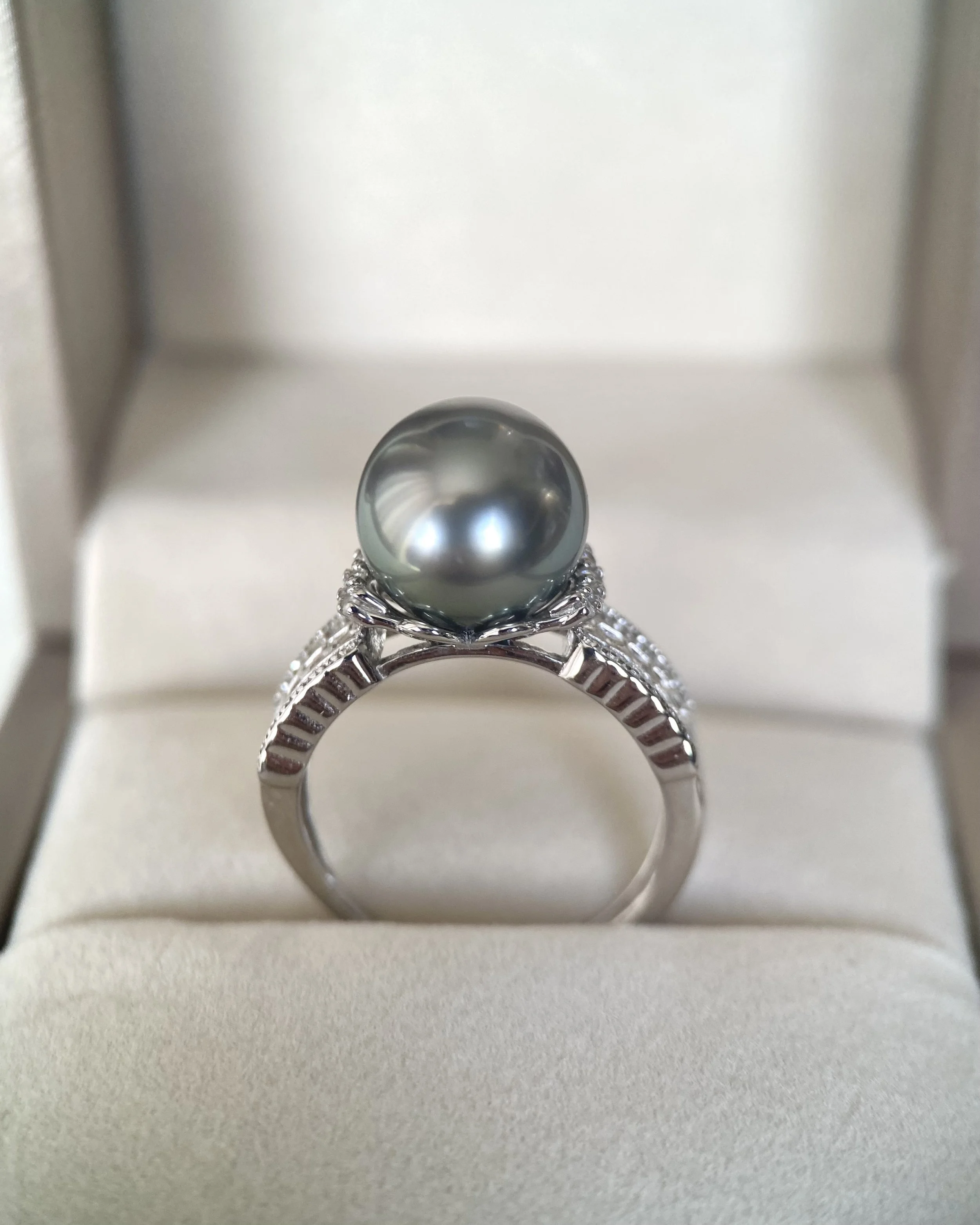 Large 11.3mm Platinum-Grey Tahitian South Sea Pearl Ring, Metallic Lustre, Pavé CZ Crown S925 Silver Adjustable Band Starlit Pearls
