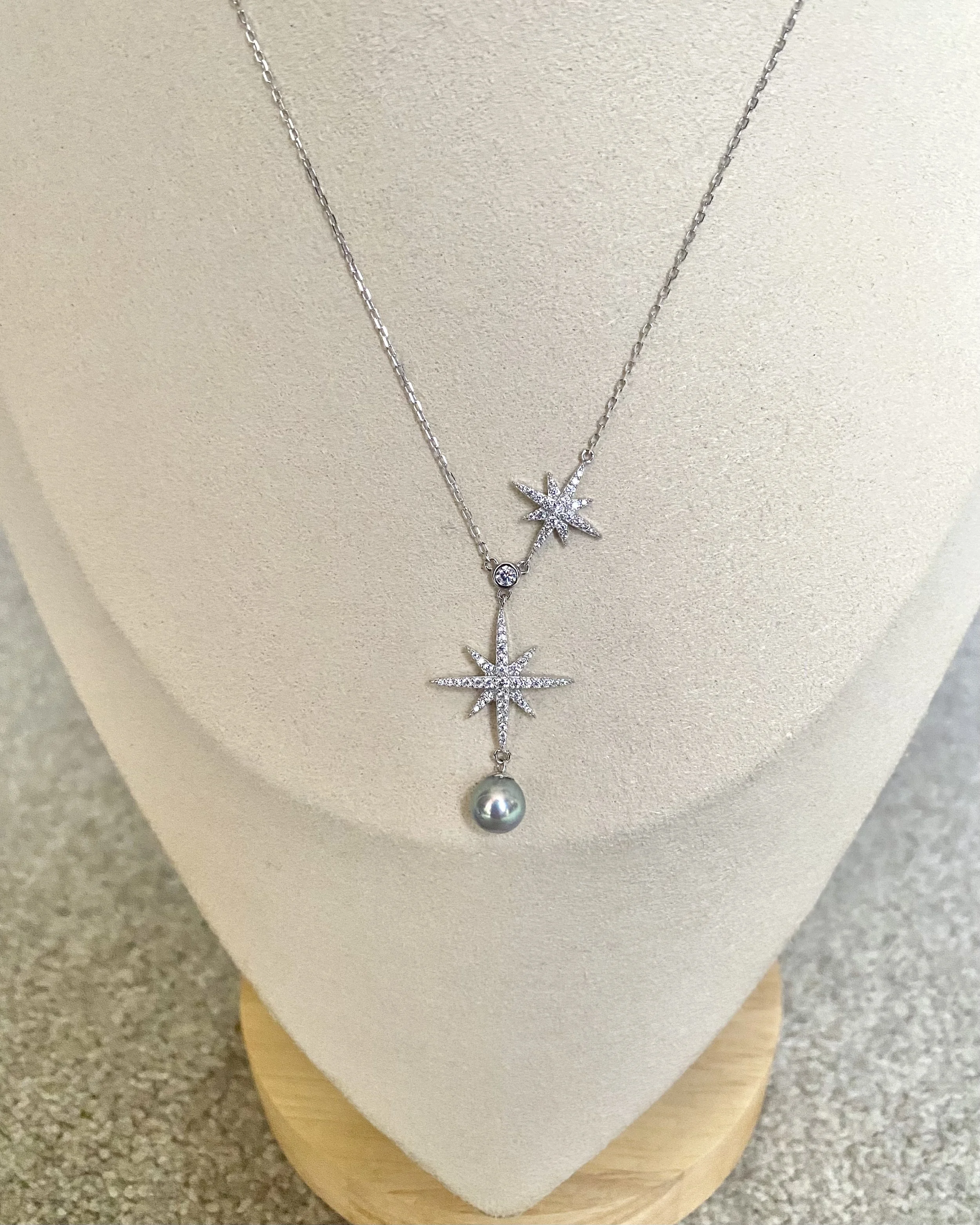 Japanese Silver-Peacock Green Madama Akoya Pearl Pendant Necklace 7mm, 7A Aurora Lustre, Starburst Pavé CZ S925 Chain, Made In Japan Starlit Pearls