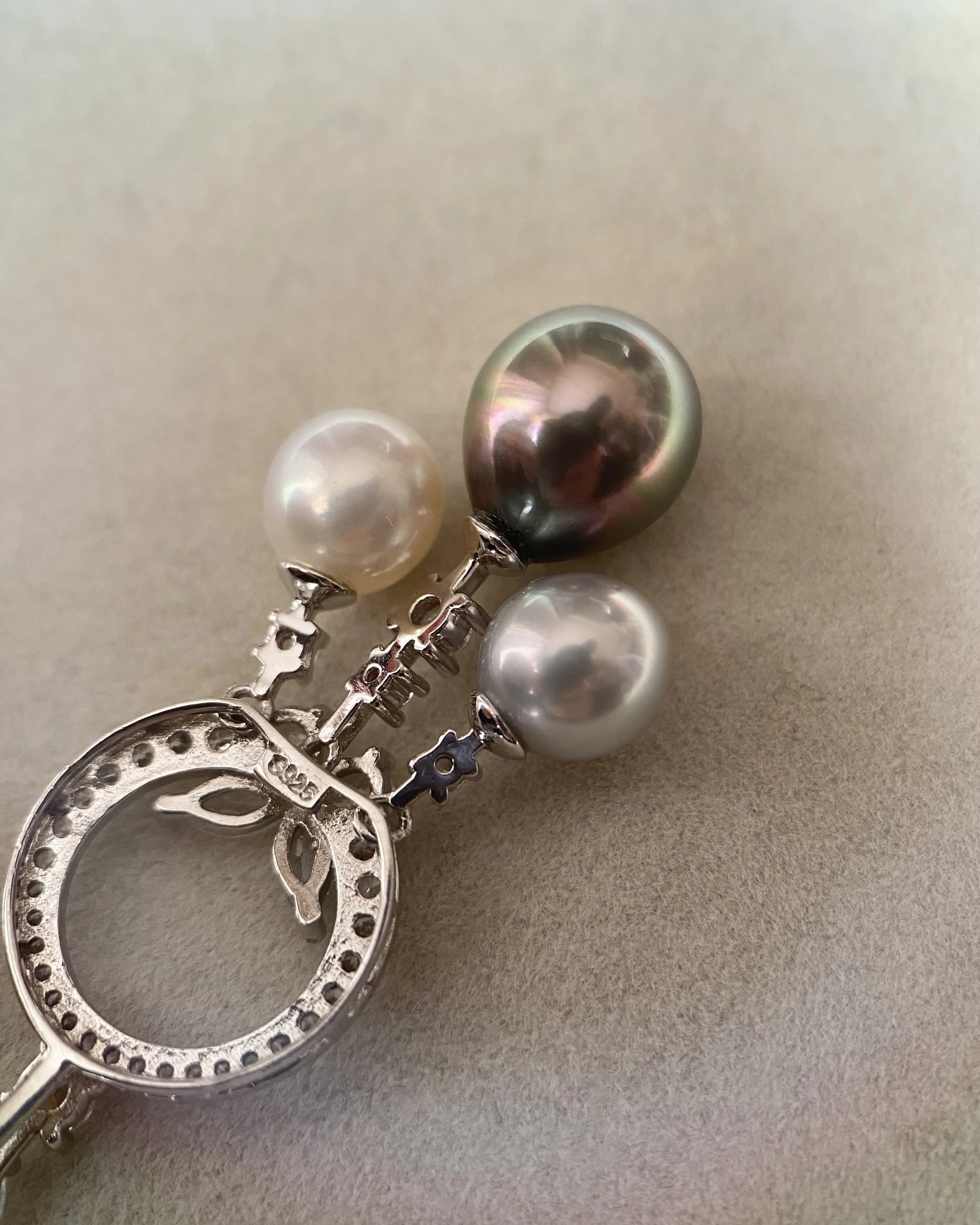 11.5mm Tahitian Peacock Green Baroque South Sea Pearl Pendant, 8mm Japanese White_Silver Madama Akoya Pearls, 925 Dreamcatcher Design Starlit Pearls
