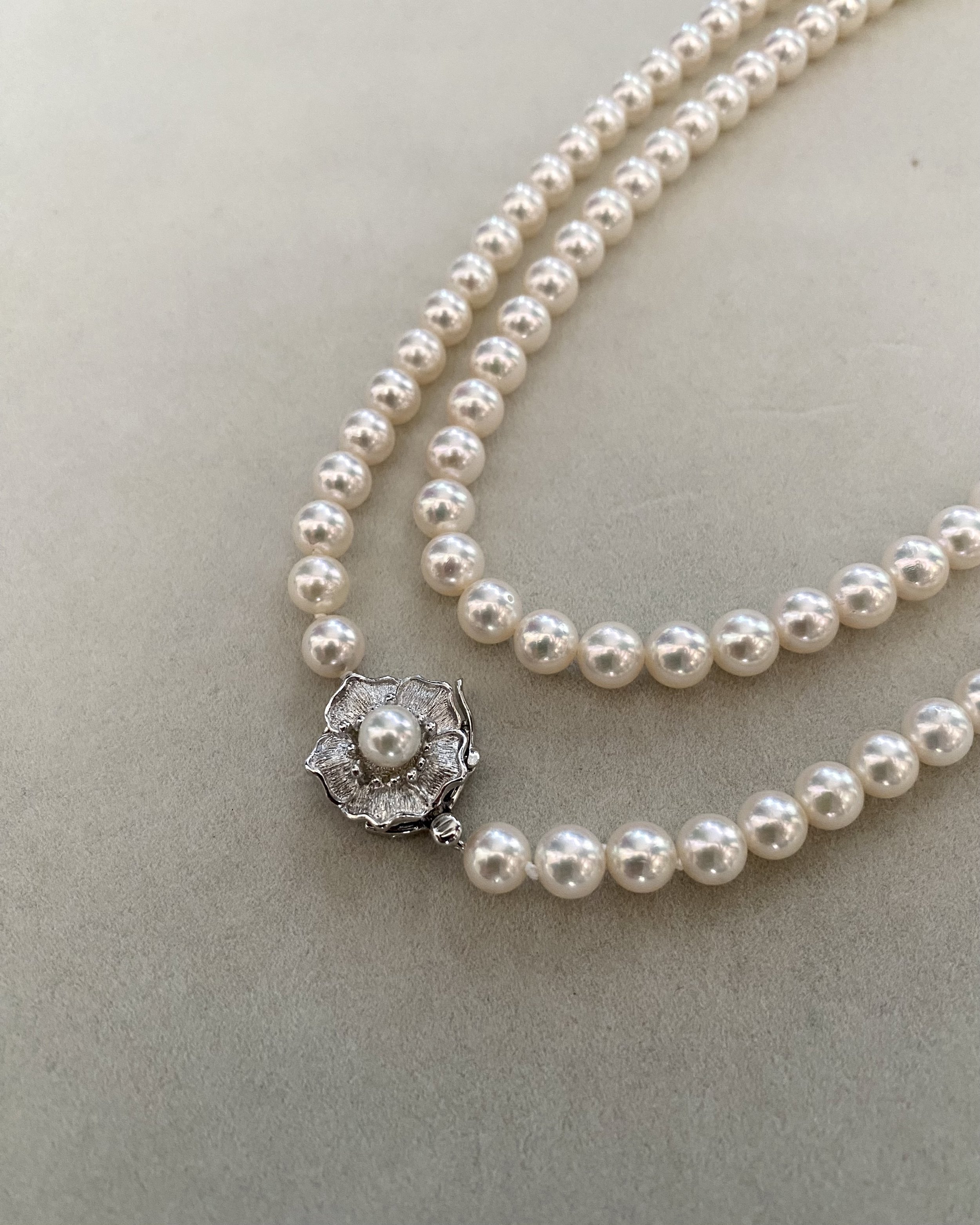 33" Extra-Long White Japanese Akoya Pearl Opera Necklace 6.5–7mm, Rose Overtone, 3D Floral Silver Clasp, Japan Jewellery Showpiece Starlit Pearls