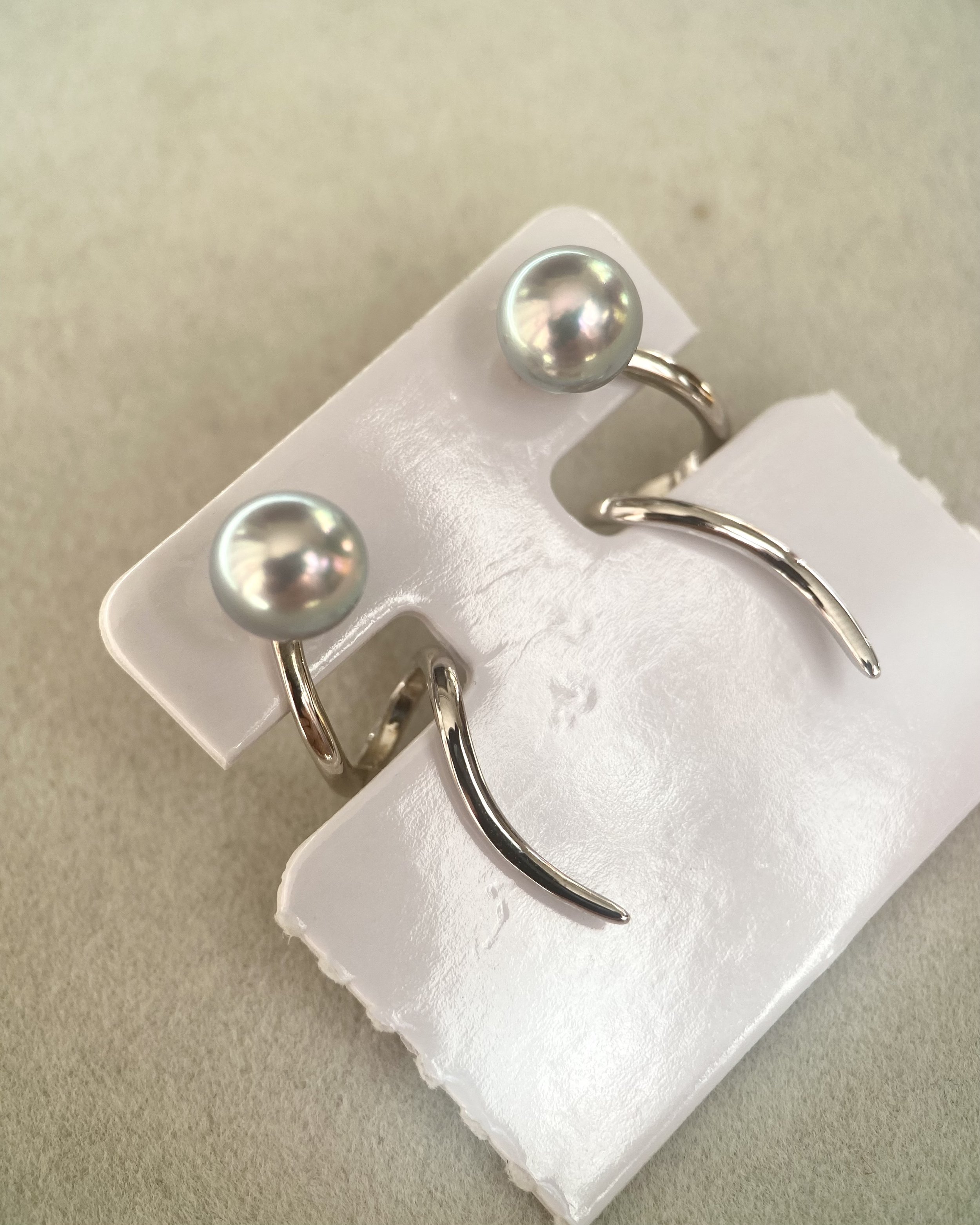 Natural Silver-Grey Blue Japanese Madama Akoya Pearl Earrings 7.1mm, Mirror Lustre, Sculptural Ribbon Wave S925 Design, Show Piece Starlit Pearls