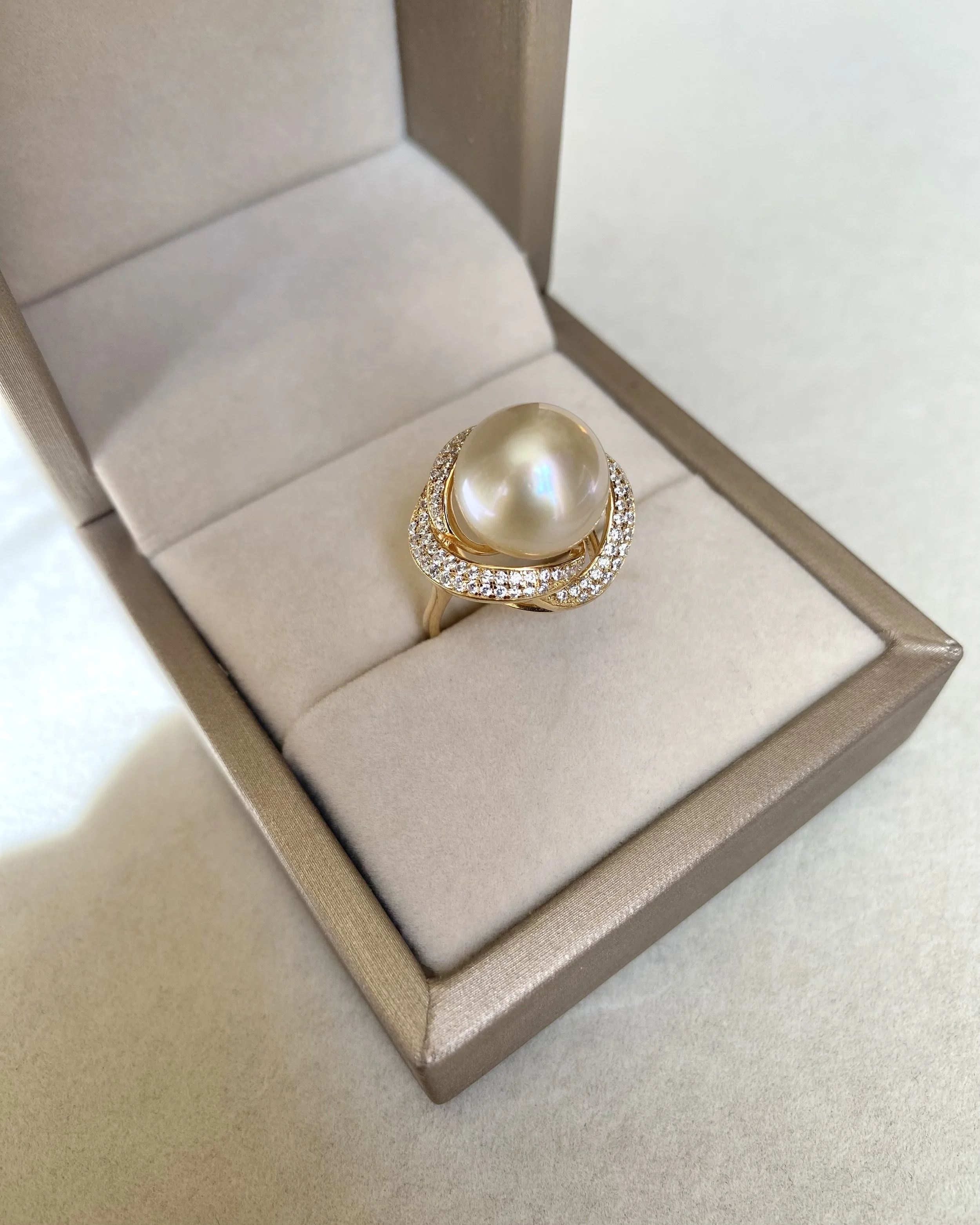 Premium Golden South Sea Pearl Ring 12.3mm, Flawless Crystal-Clear Gem Lustre, Luxurious Sculptural Pavé Crossover S925 Silver Design Starlit Pearls