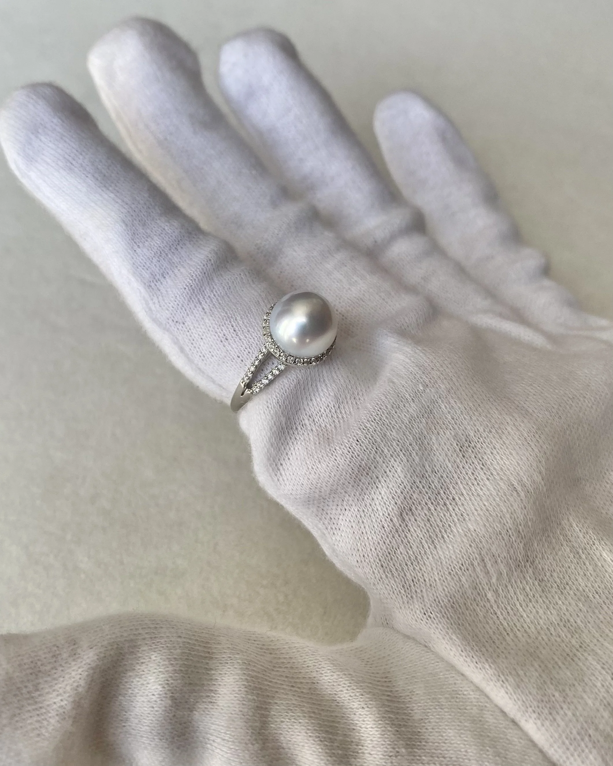 Silver White Australian South Sea Pearl Ring 9.8mm, Sparkling Halo & Split-Shank Design, Adjustable S925, Jewellery Exhibition Piece Starlit Pearls