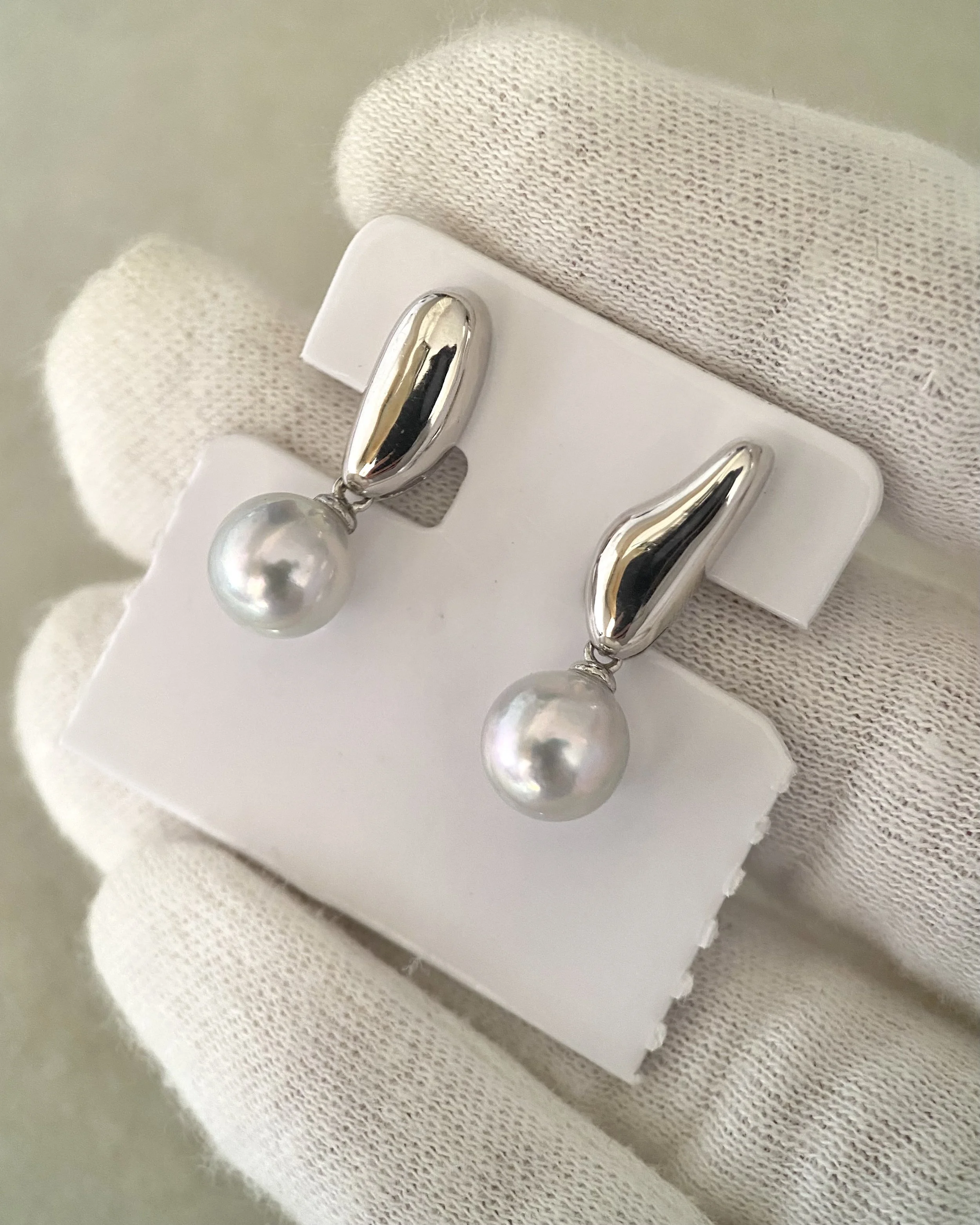 Natural Silver-Grey Japanese Madama Akoya Pearl Earrings 8.3mm, Metallic Lustre, Minimalist S925 Silver Teardrop Design, Show Piece Starlit Pearls