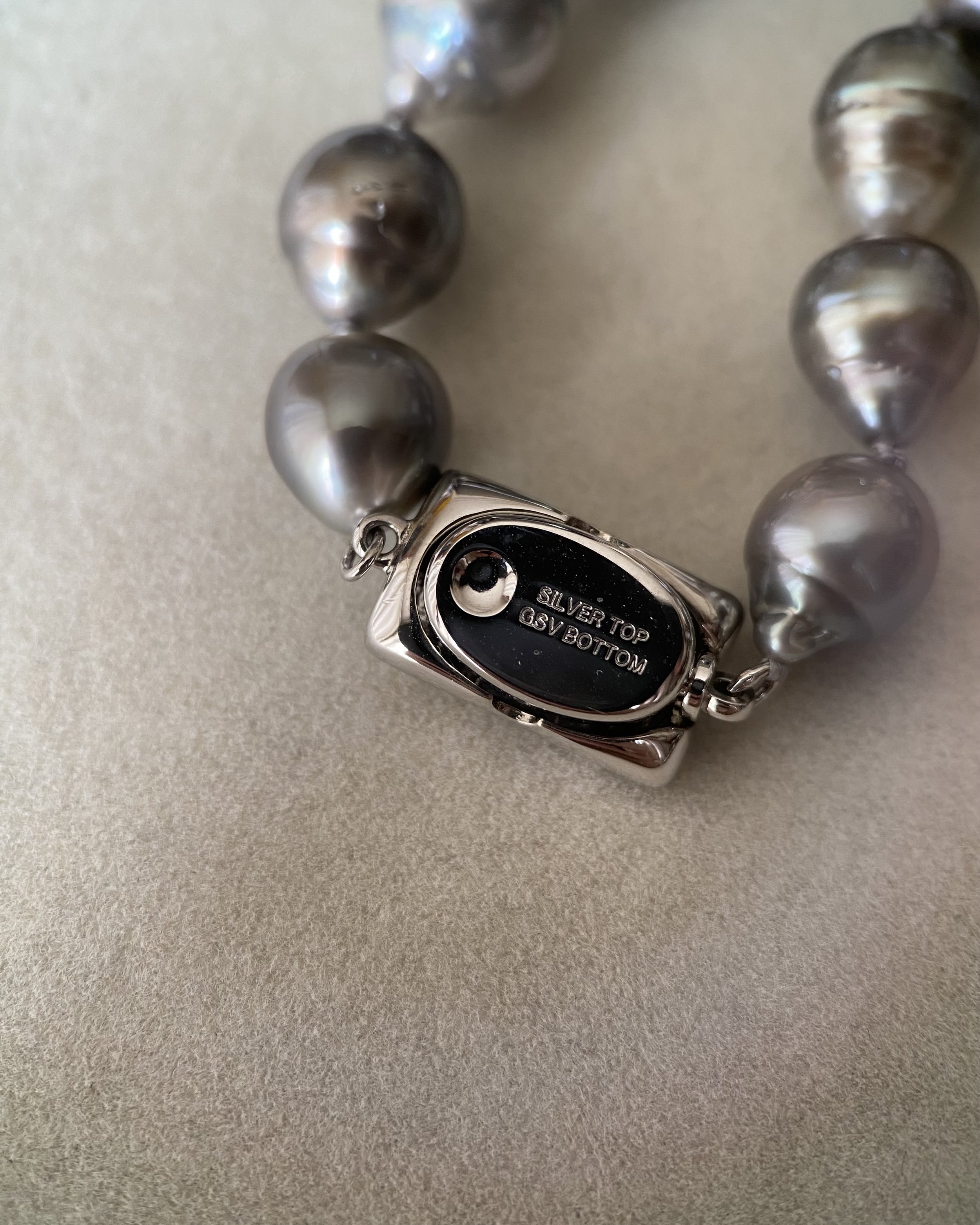 PSL Certified Tahitian South Sea Baroque Pearl Necklace 8–12mm, Platinum Grey w/ Iridescent Overtones, Geometric Patent Silver Clasp Starlit Pearls