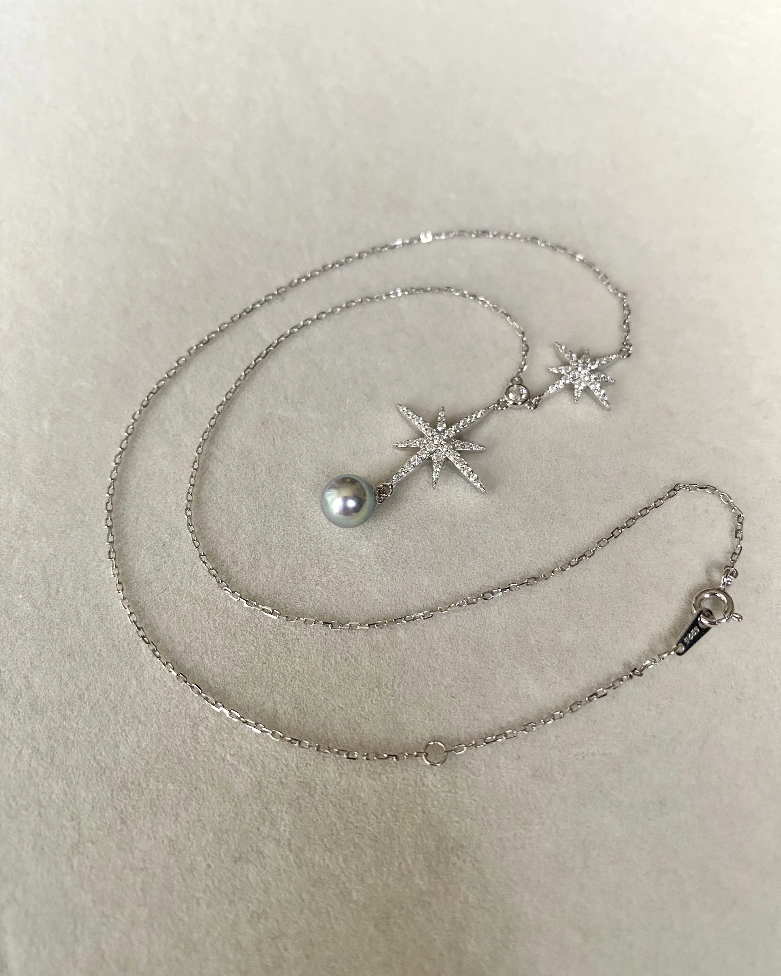 Japanese Silver-Peacock Green Madama Akoya Pearl Pendant Necklace 7mm, 7A Aurora Lustre, Starburst Pavé CZ S925 Chain, Made In Japan Starlit Pearls