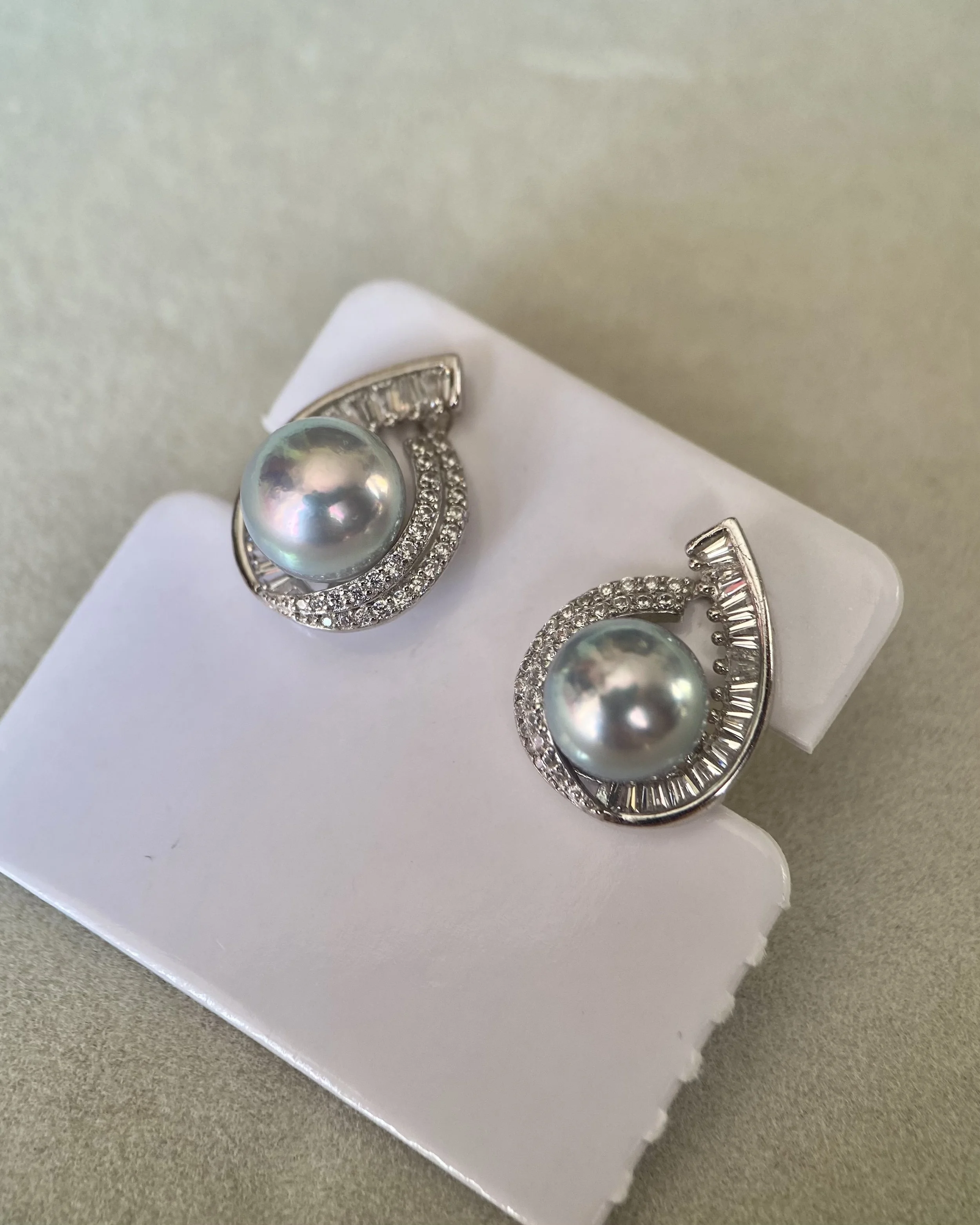 Japanese Silver Grey Madama Akoya Pearl Earrings 8–8.3mm, Iridescent Overtones, S925 Silver Teardrop Baguette Design, Exhibition Piece Starlit Pearls