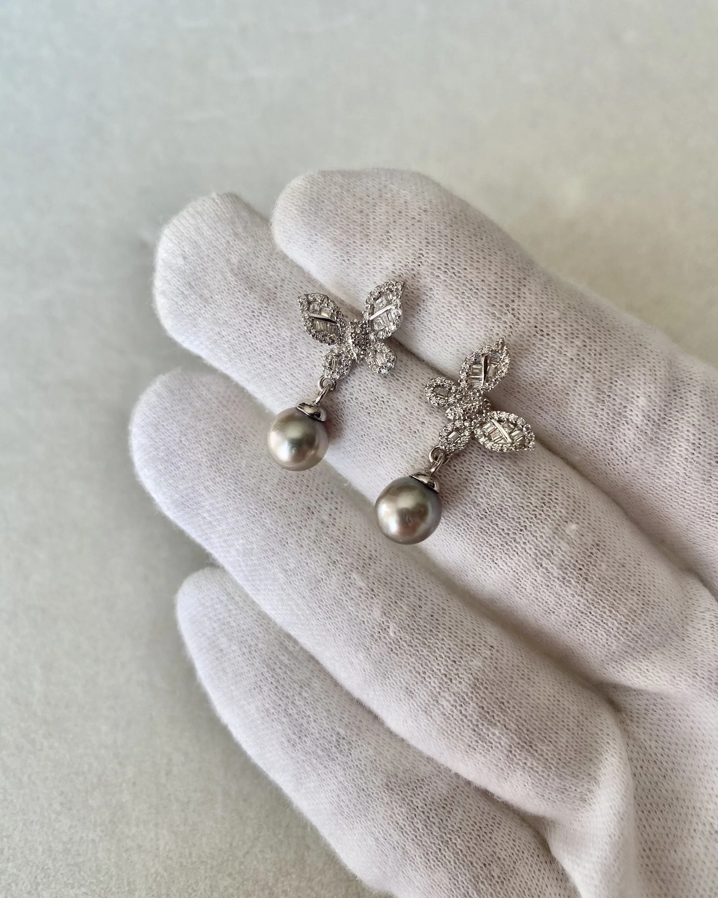 Japanese Metallic Grey Madama Akoya Pearl Drop Earrings 7.3mm, Steel-Like Lustre, S925 Silver Pavé Butterfly, Jewellery Show Piece Starlit Pearls