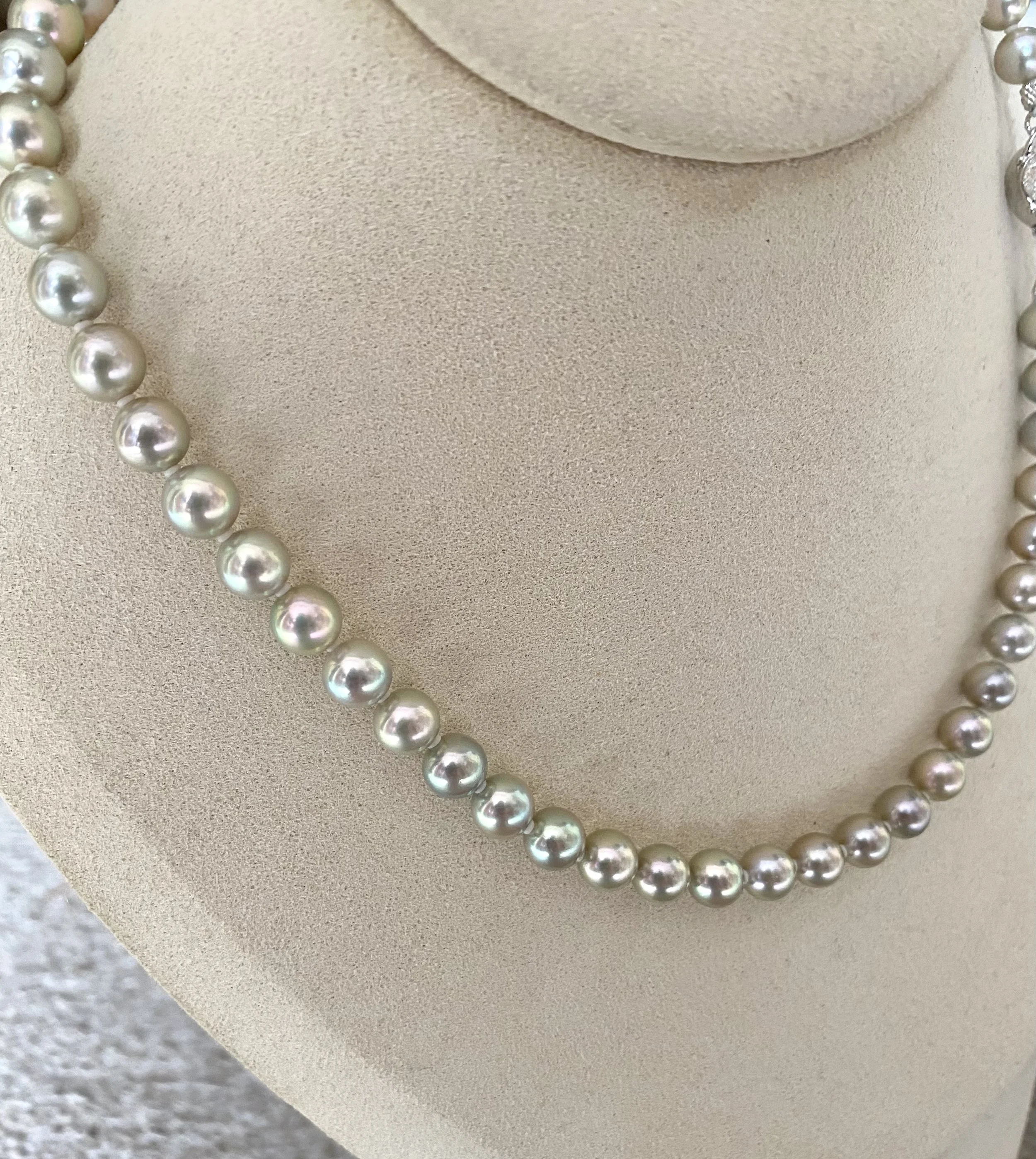 Rare Premium Silver-Grey Lemon-Green Japanese Madama Akoya Pearl Necklace 7.5mm, Pink Overtones, Sculptural Floral Clasp, Show Piece Starlit Pearls