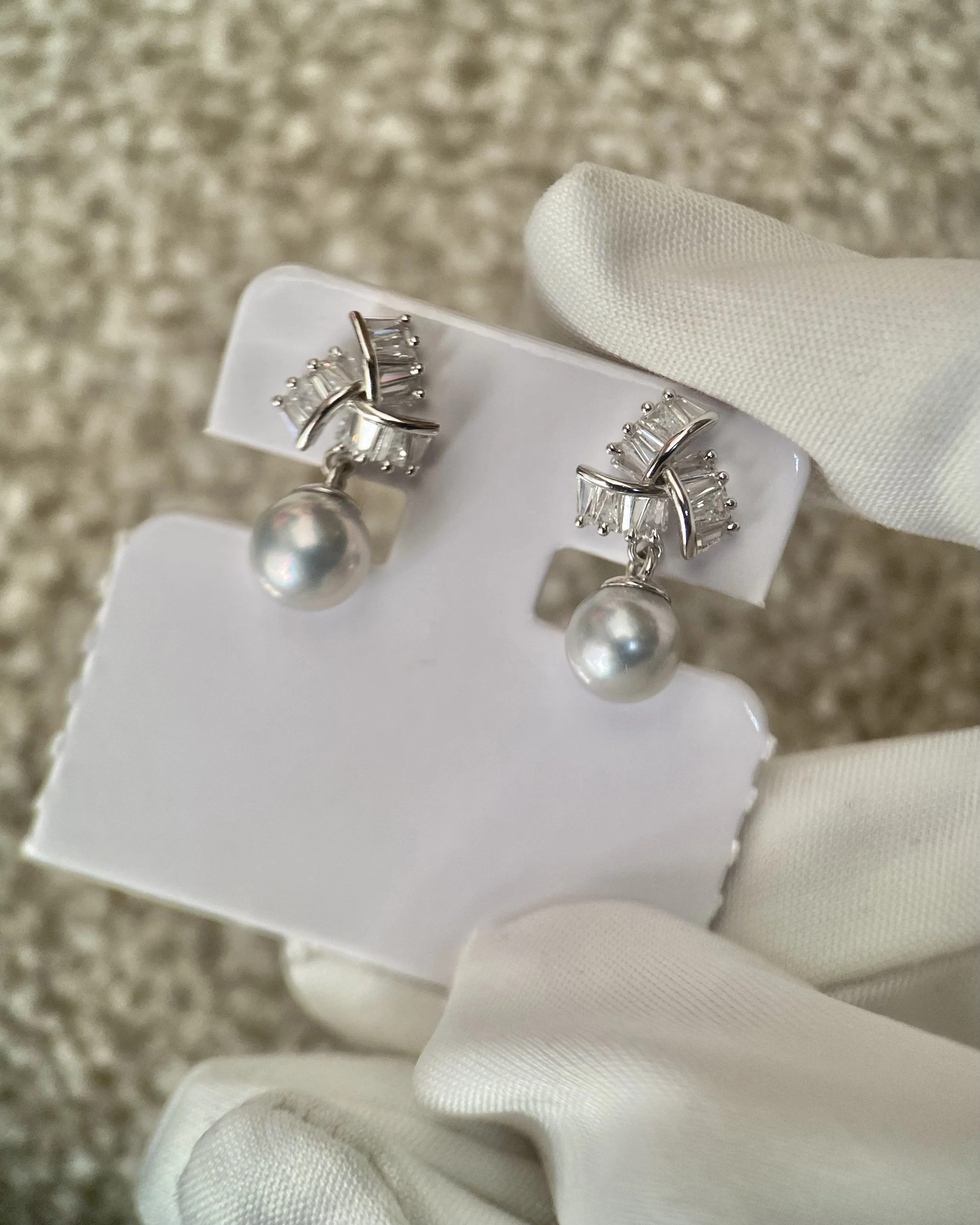 Japanese Madama Akoya Pearl Earrings 6.7mm, Cool-Toned Silver-Grey, Flawless, S925 Silver Ribbon Fan_Baguette CZ, Exhibition Piece