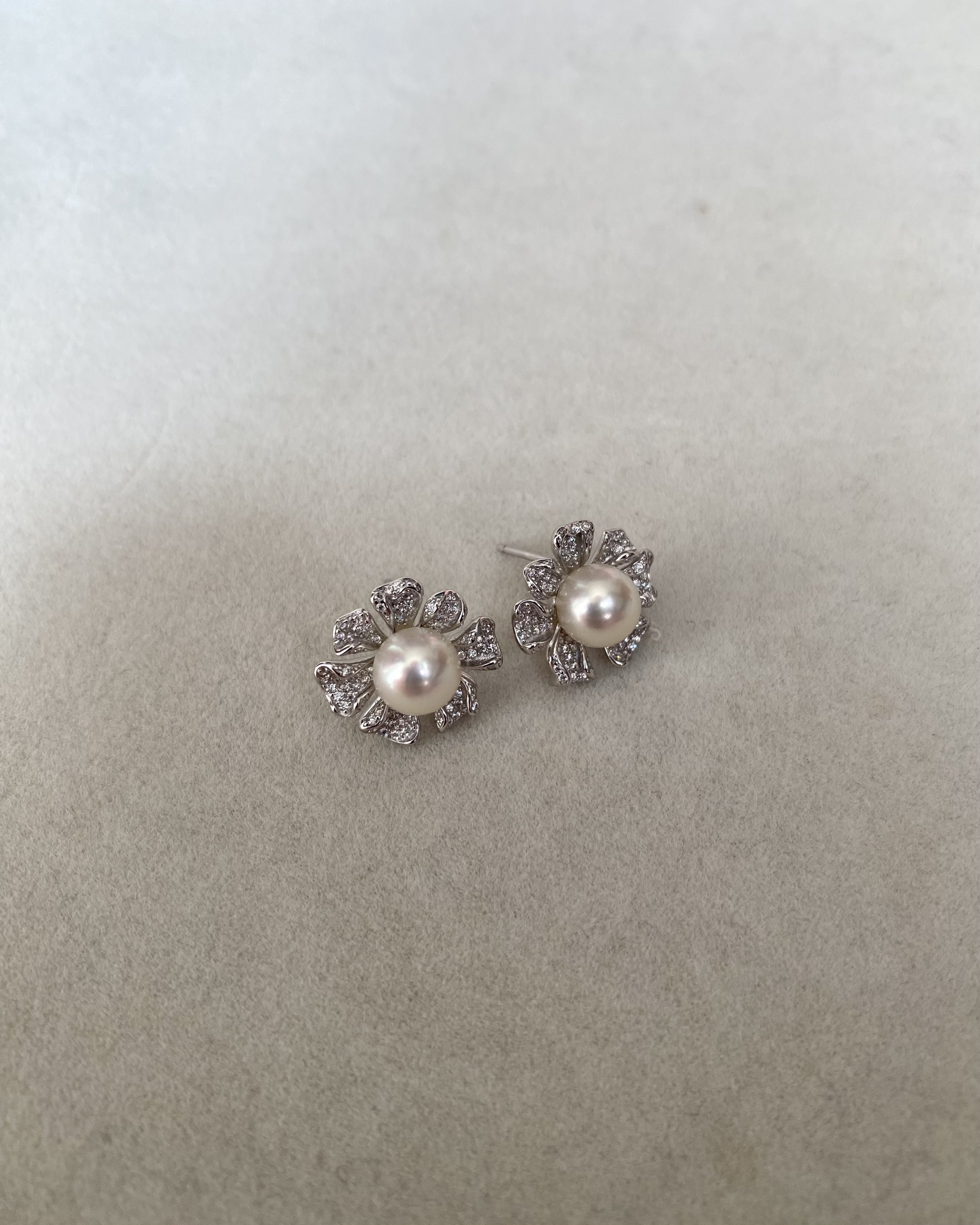Japanese Crystal White Akoya Pearl Flower Stud Earrings 7-7.5mm, Soft Pink Overtone, Sculptural CZ Petals, S925 Silver, Show Piece Starlit Pearls